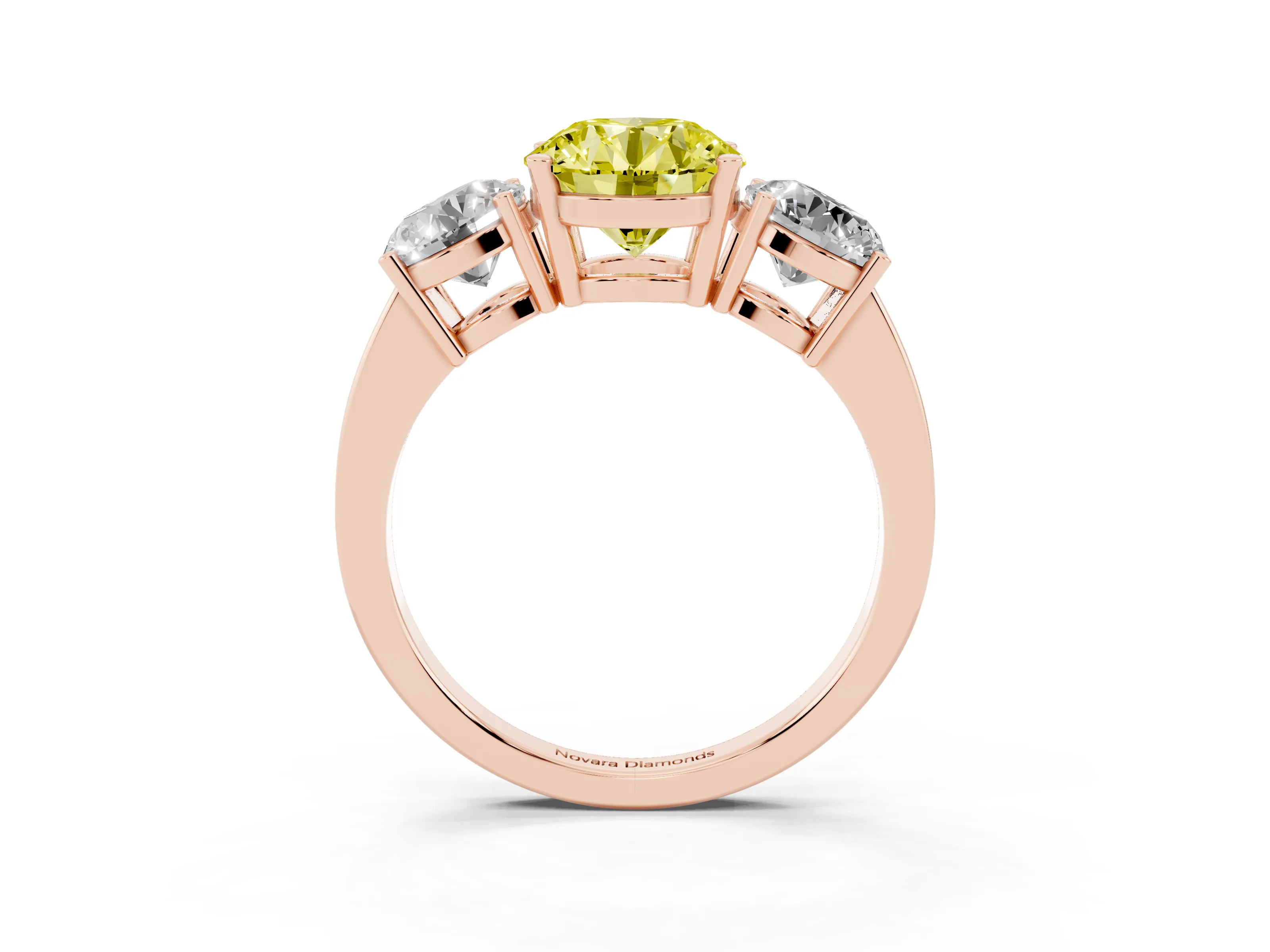 Fancy Yellow Round Cut Diamond Three-Stone Engagement Ring Set in Rose gold with Flat Band