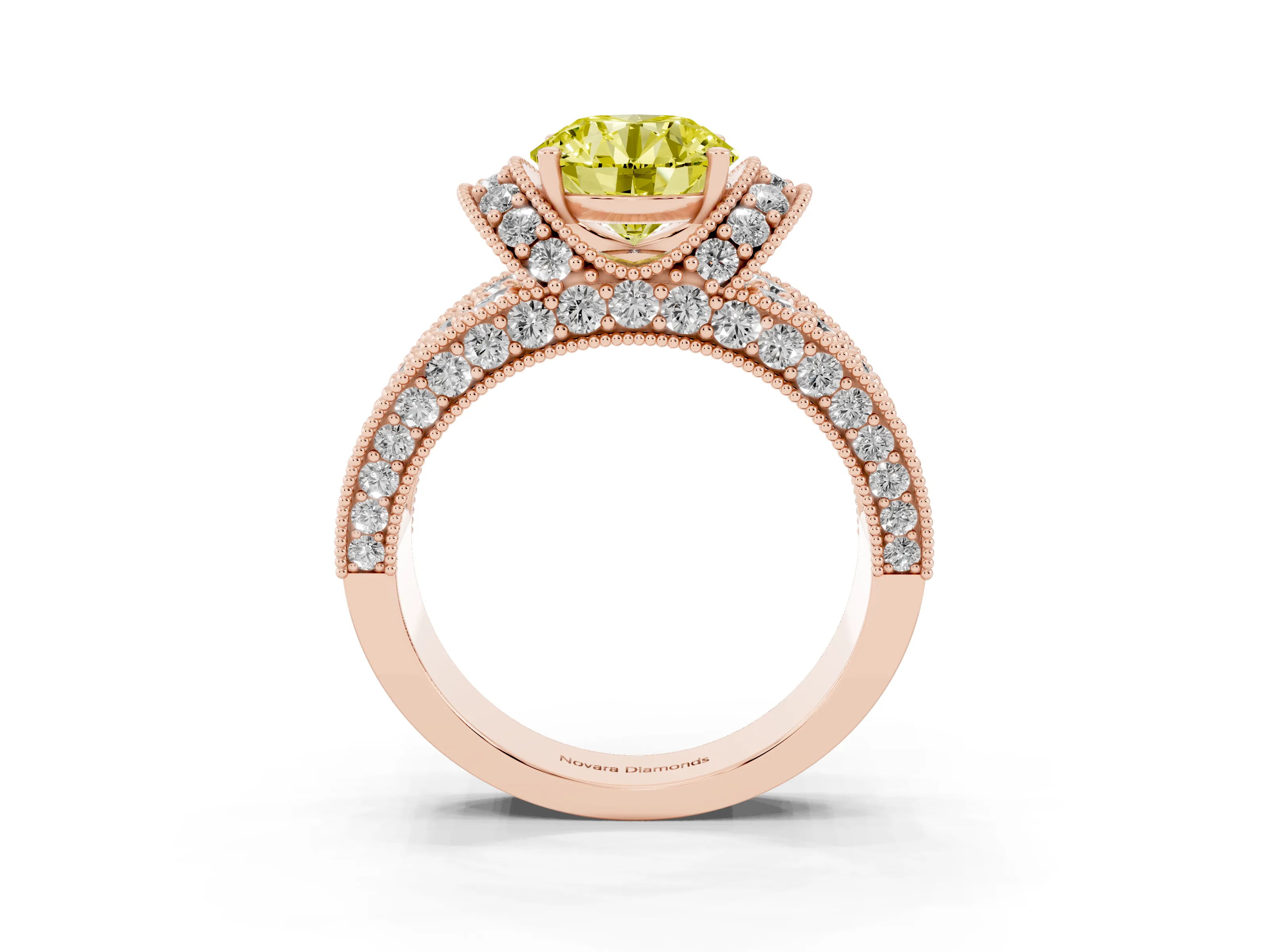 Fancy Yellow Round Cut Diamond Milgrain Halo Pavé Engagement Ring Set in Rose gold with Prong Setting