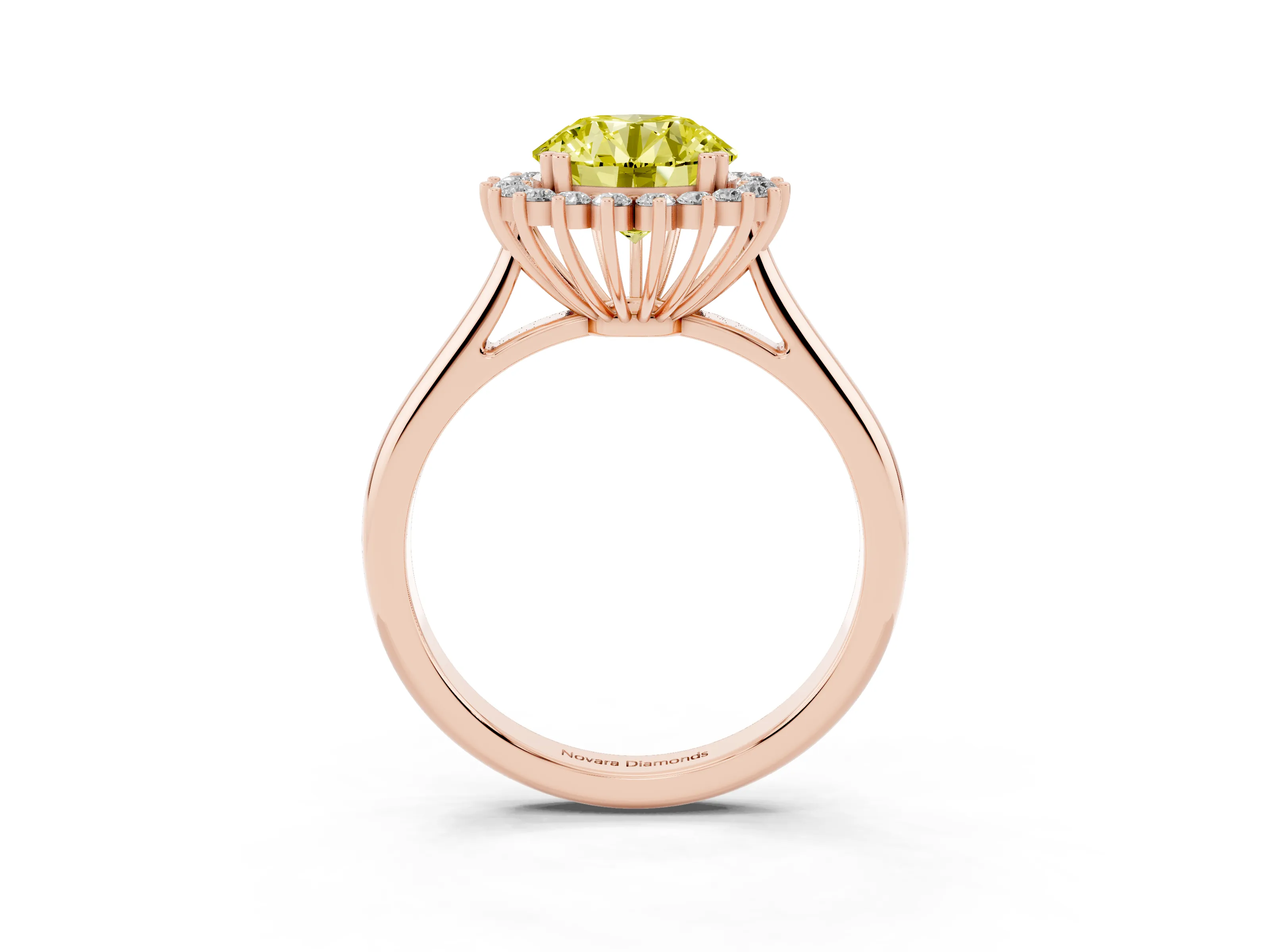 Fancy Yellow Round Cut Diamond Halo Ring Set in Rose gold with Plain Solitaire Band and Prong Setting