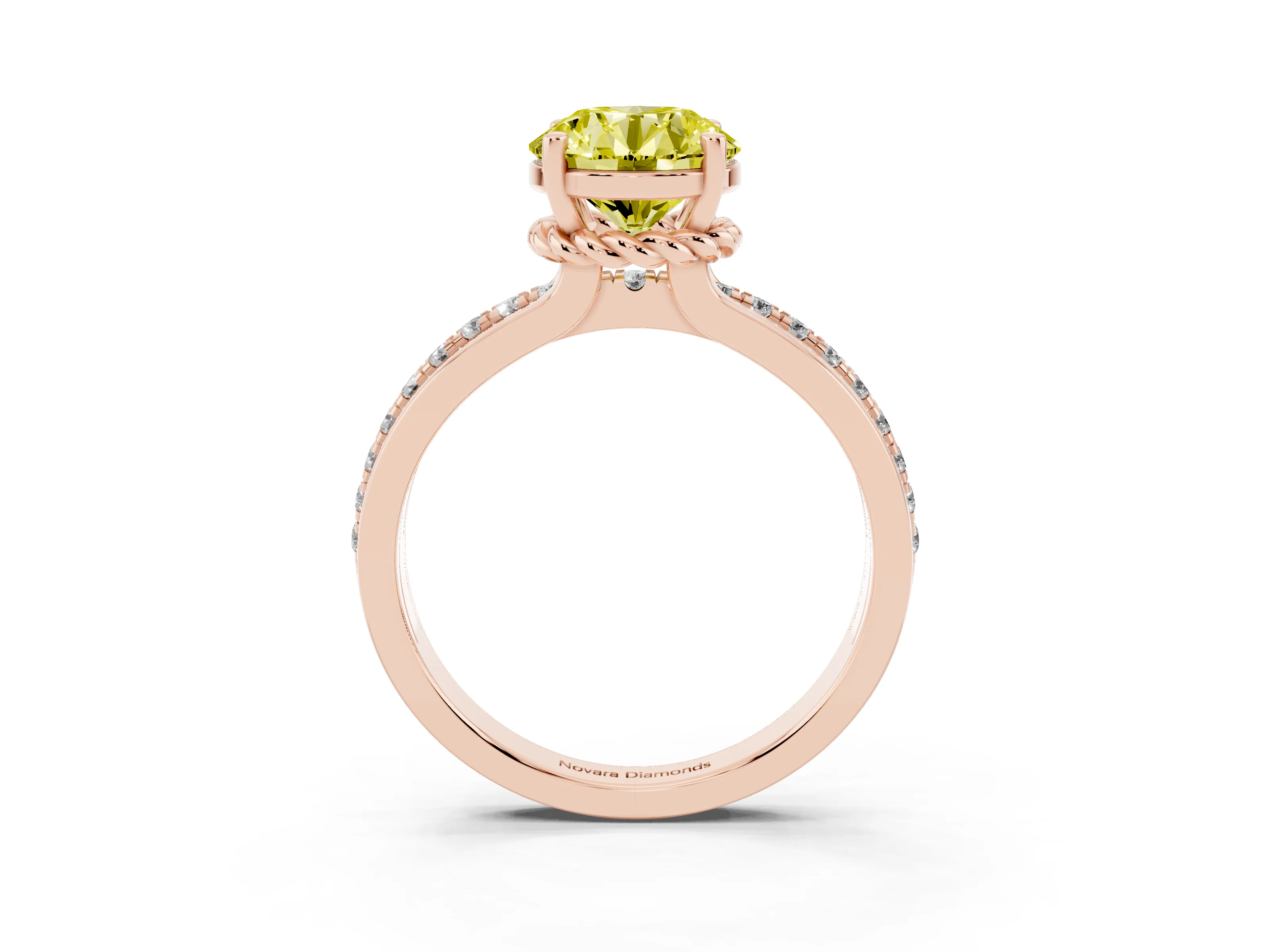 Fancy Yellow Round Cut Diamond Solitaire Ring Set in Rose gold with Channel Set Band and Prong Setting