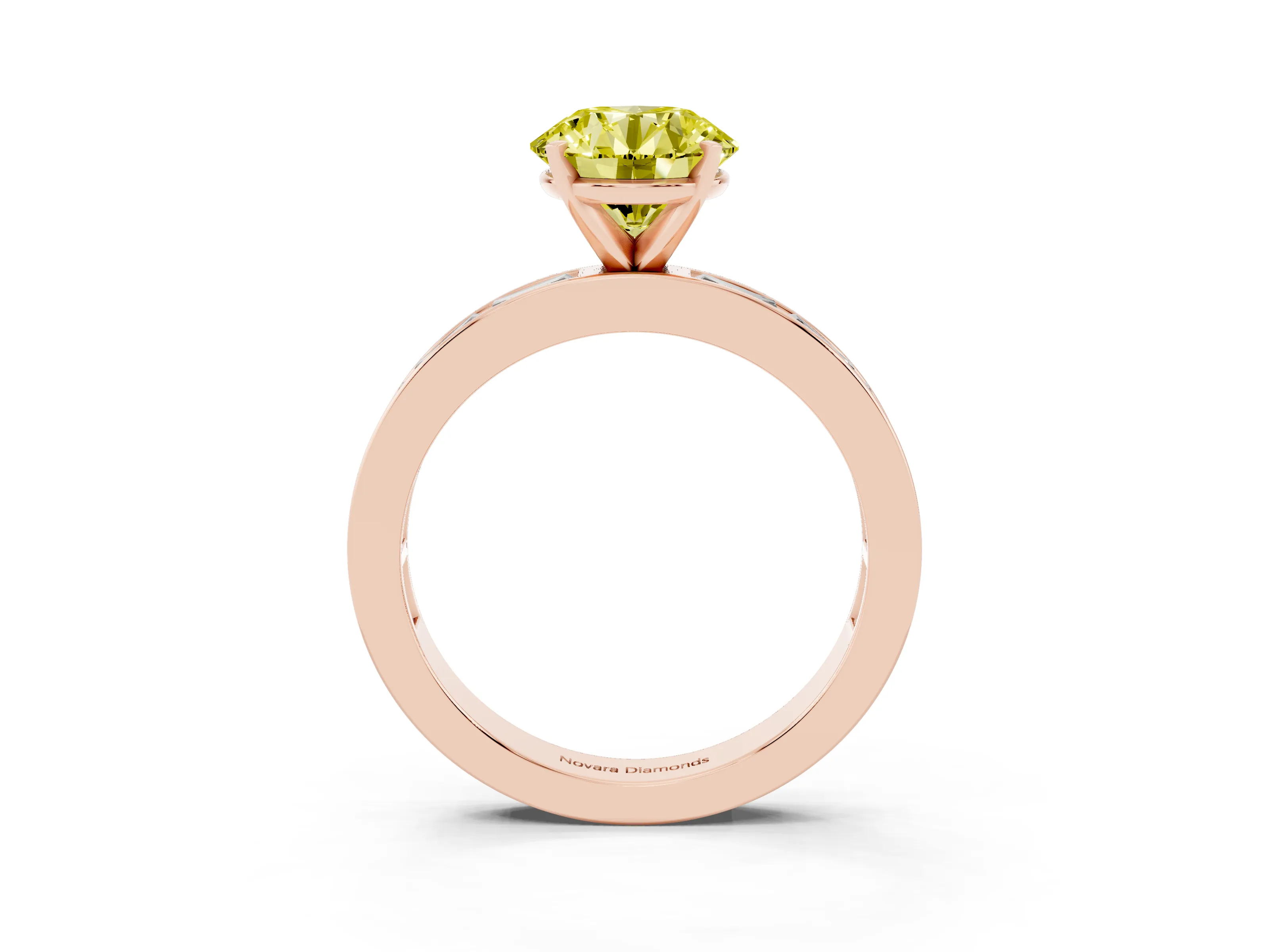 Fancy Yellow Round Cut Diamond Solitaire Ring Set in Rose gold with Channel-Set Baguette Band and Prong Setting