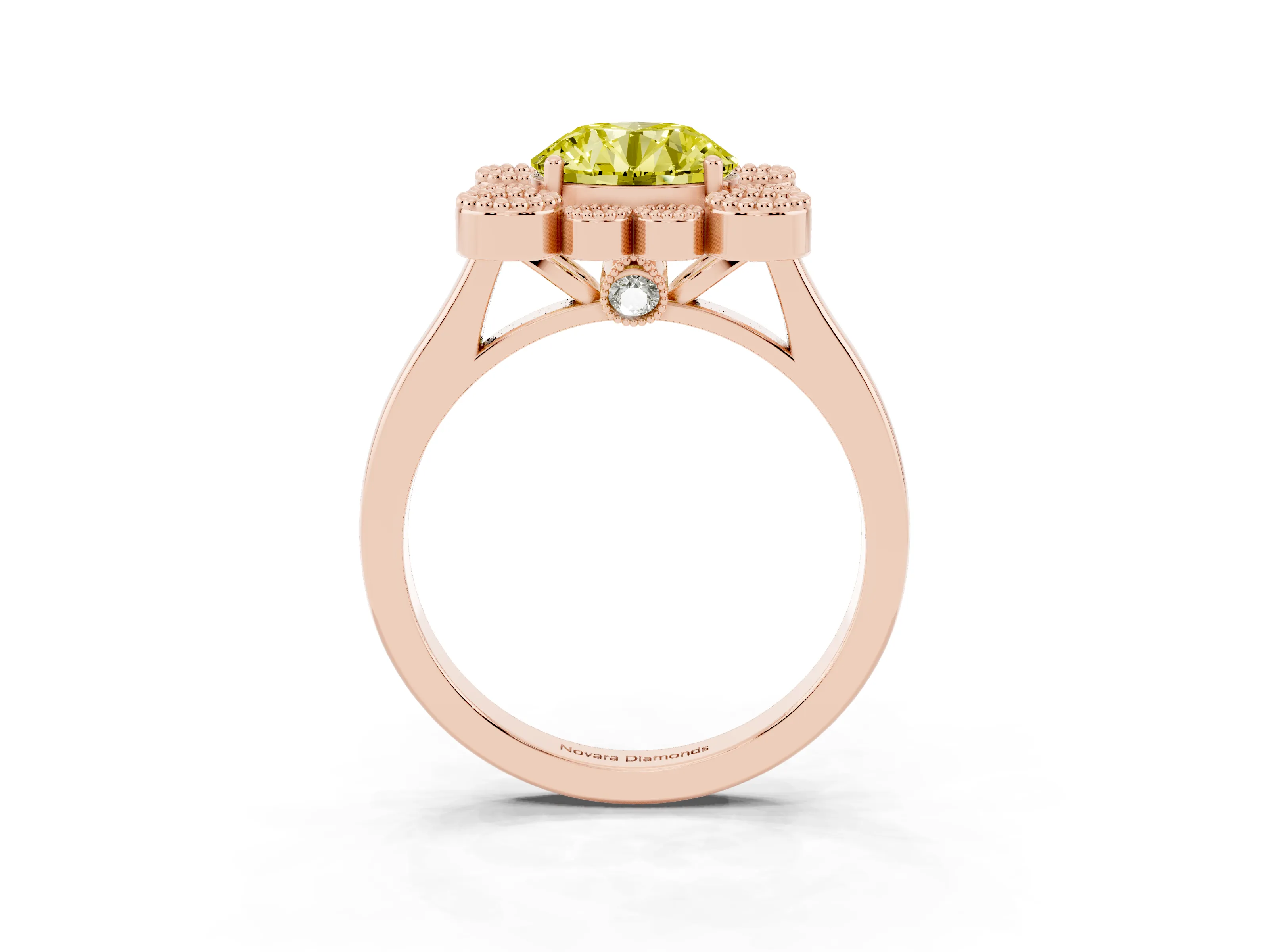 Fancy Yellow Round Cut Diamond Cluster Halo Ring Set in Rose gold with Milgrain Bezel Accents and Plain Band