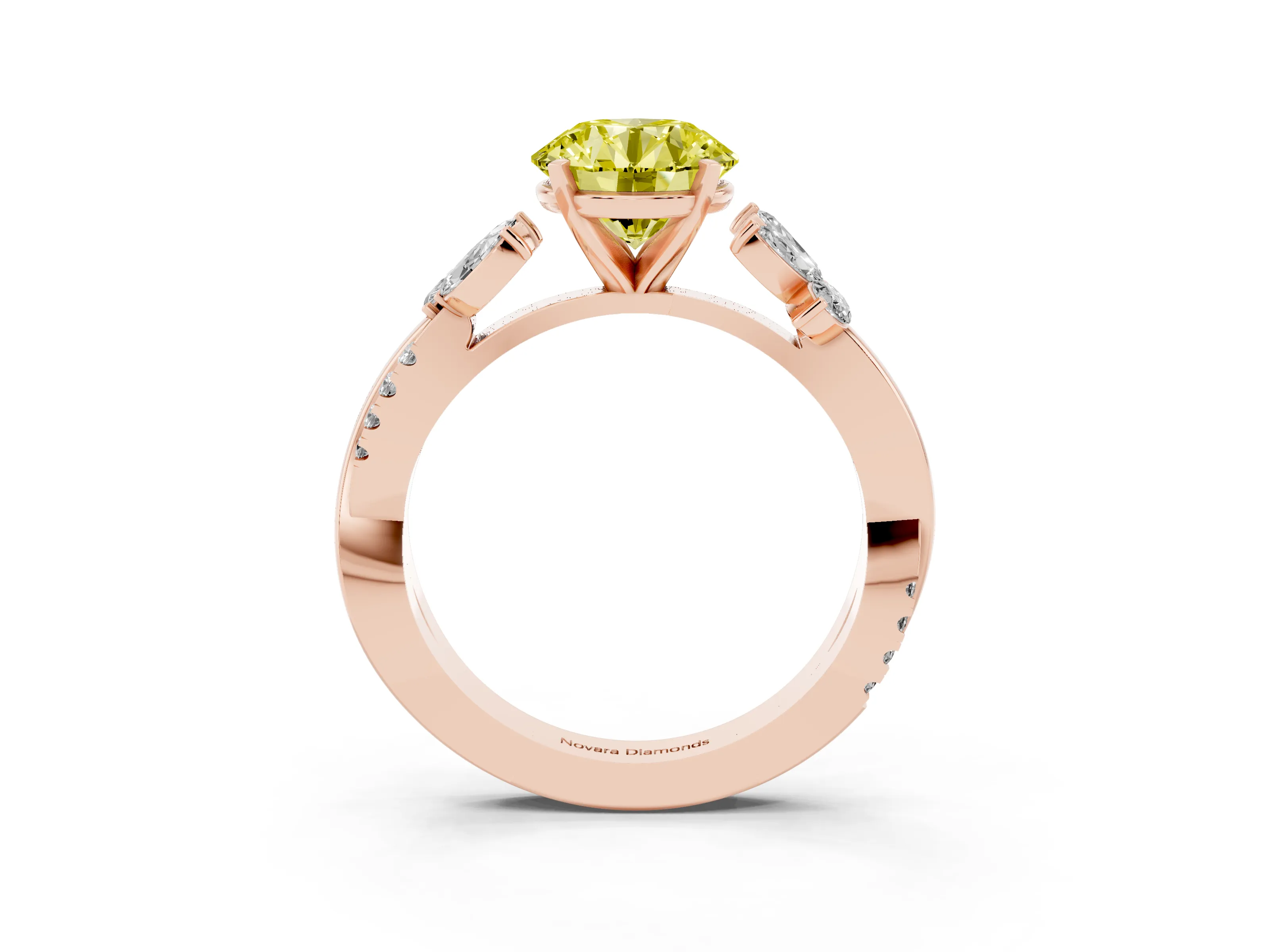 Fancy Yellow Round Cut Diamond Floral Vine Solitaire Engagement Ring Set in Rose gold with Marquise Leaves
