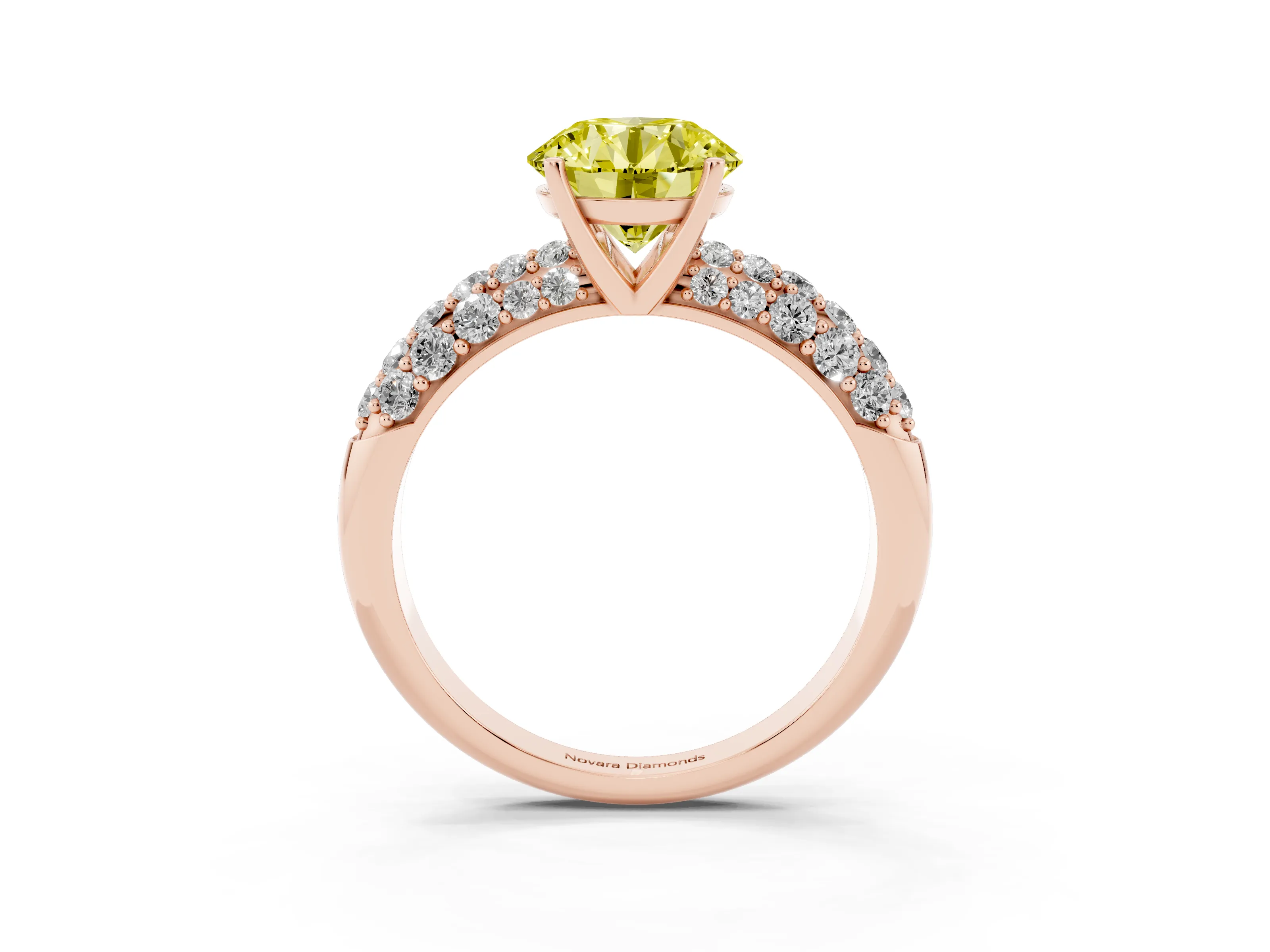 Fancy Yellow Round Cut Diamond Pavé Band Solitaire Ring Set in Rose gold with Close-Set Accent Stones and Prong Setting