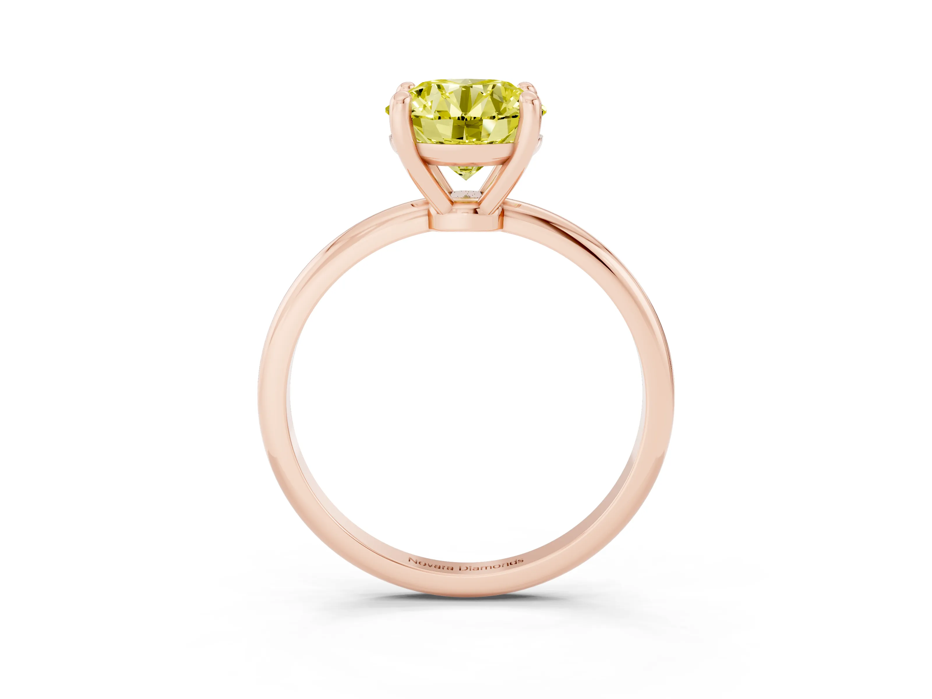 Fancy Yellow Round Cut Diamond Solitaire Ring Set in Rose gold with Secure Prong Setting on a Classic Band