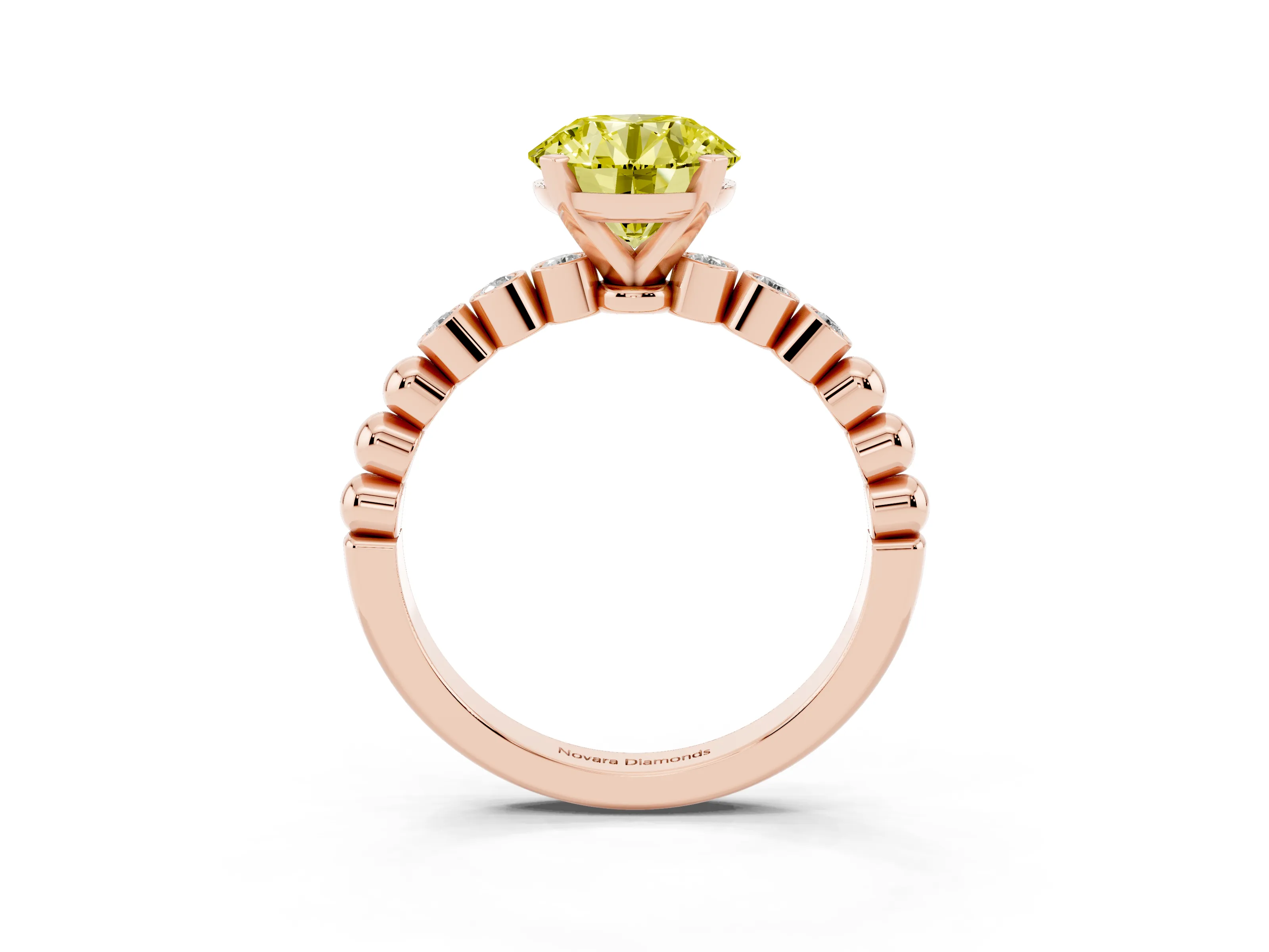 Fancy Yellow Round Cut Diamond Solitaire Engagement Ring Set in Rose gold with Bezel Accents on Beaded Band