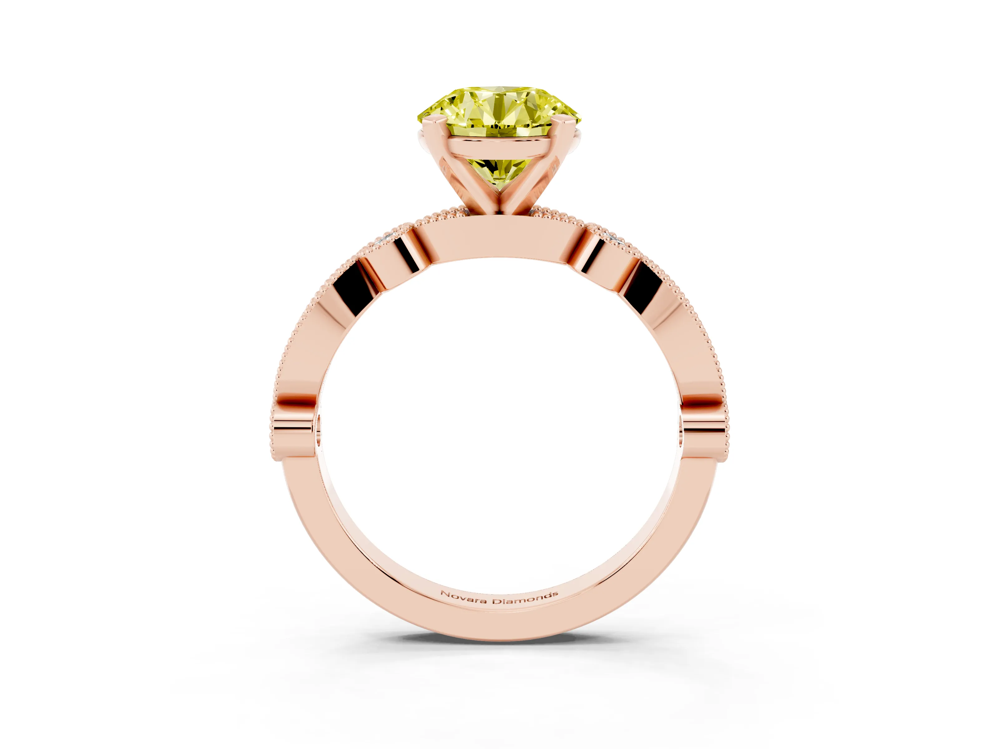 Fancy Yellow Round Cut Diamond Solitaire Engagement Ring Set in Rose gold with Milgrain Bezel Accent Band