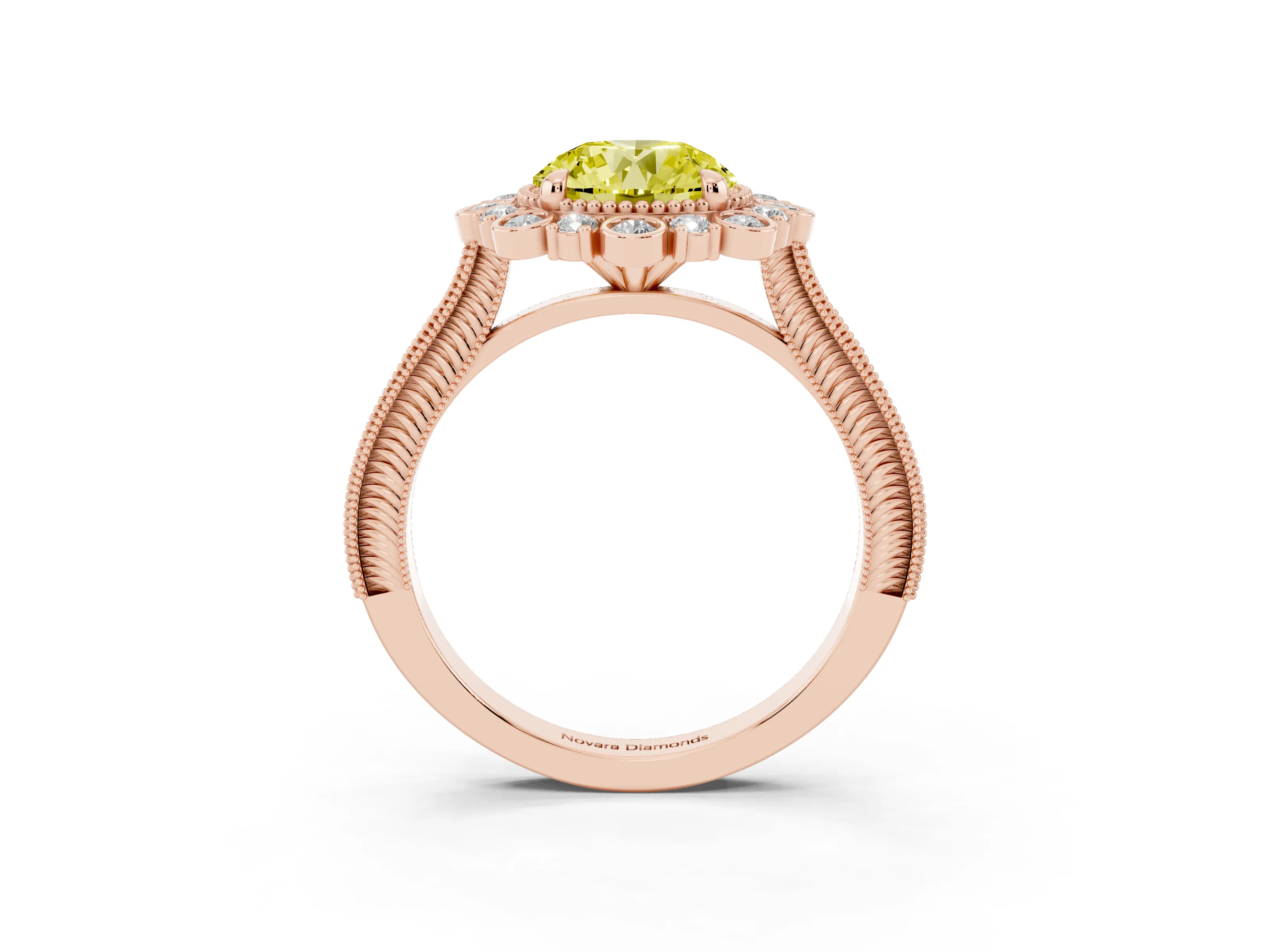 Fancy Yellow Round Cut Diamond Halo Milgrain Pavé Ring Set in Rose gold with Prong Setting