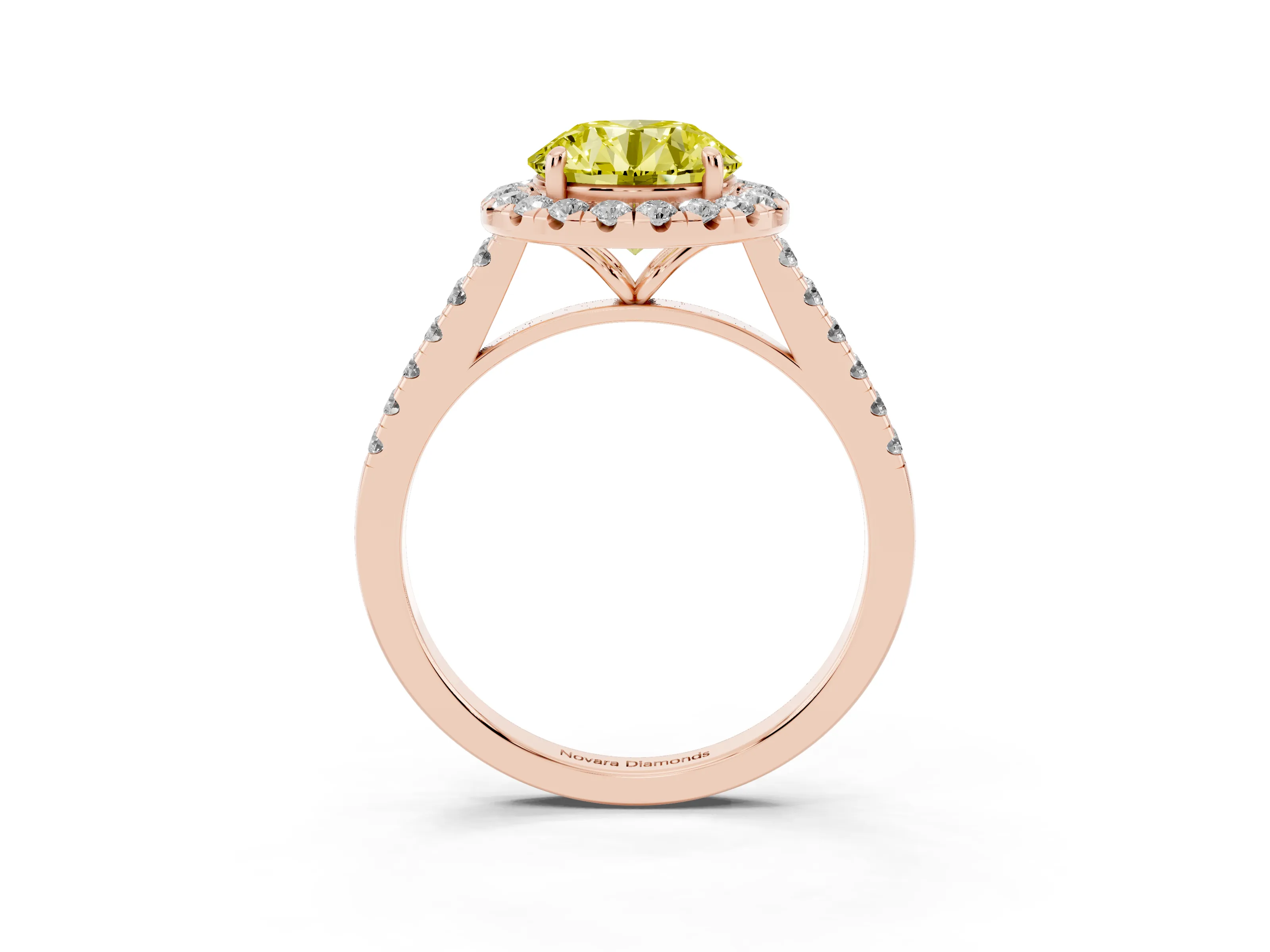 Fancy Yellow Round Cut Diamond Halo Pavé Engagement Ring Set in Rose gold with Prong Setting