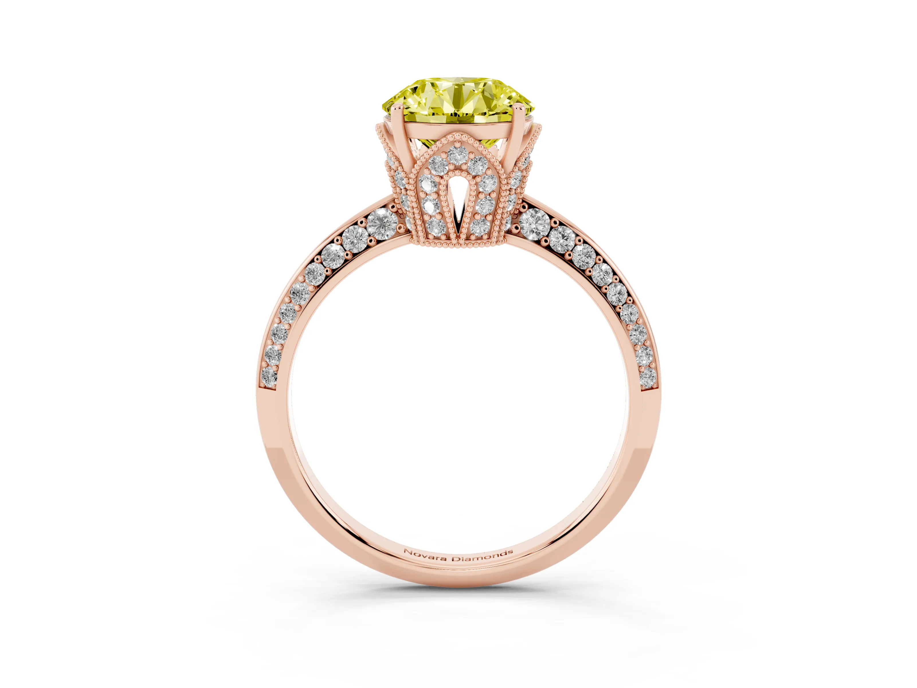 Fancy Yellow Round Cut Diamond Solitaire Engagement Ring Set in Rose gold with Pavé Split Shank and Prong Setting