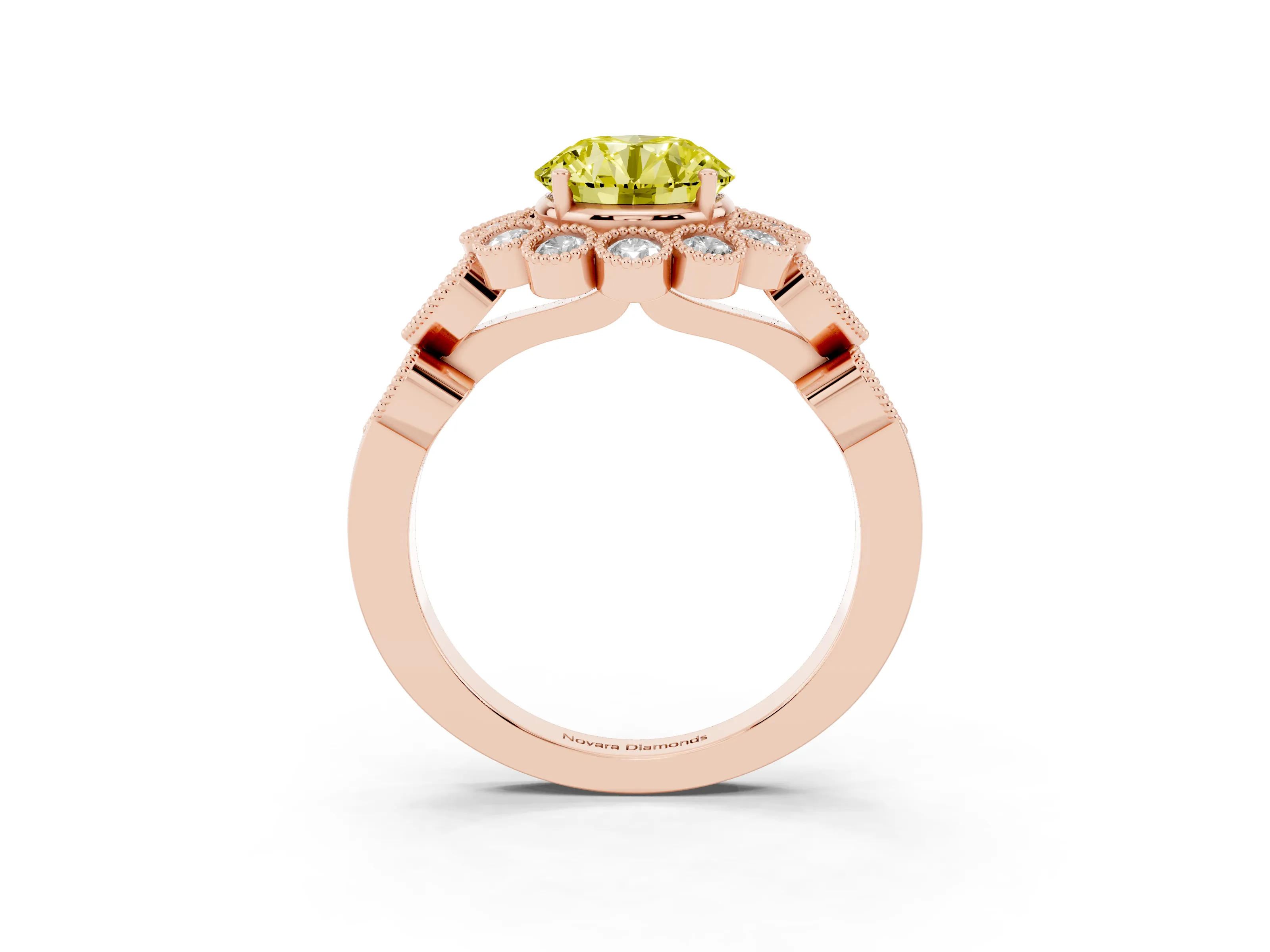 Fancy Yellow Round Cut Diamond Solitaire Ring Set in Rose gold with Milgrain Pavé Heart Band