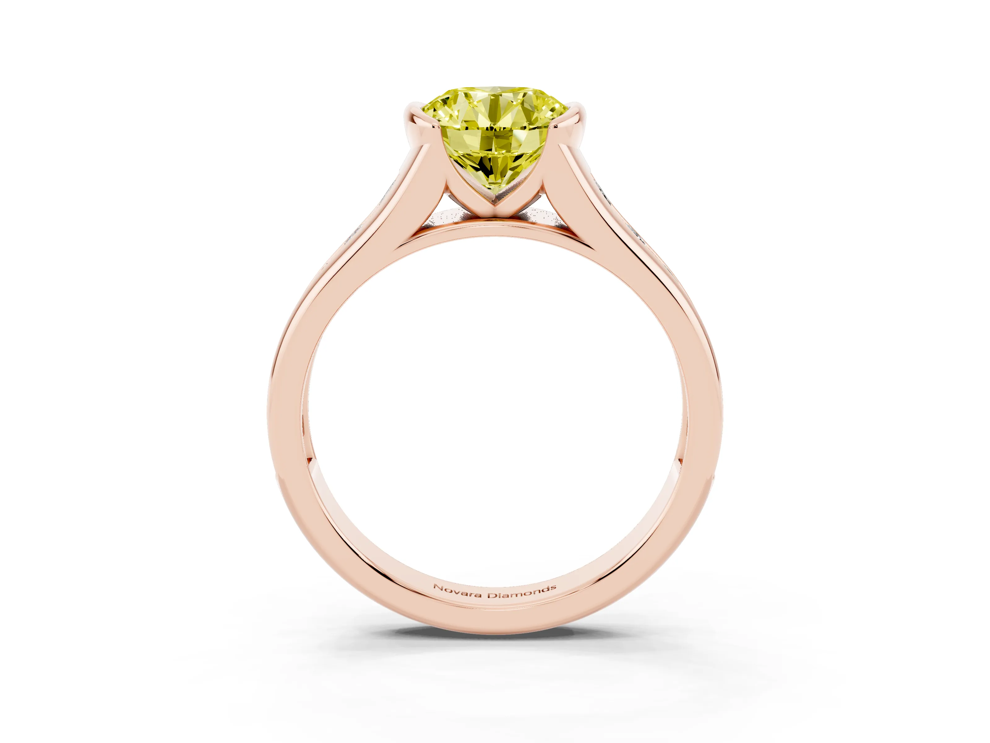 Fancy Yellow Round Cut Diamond Bezel-Set Solitaire Ring Set in Rose gold with Channel-Set Band