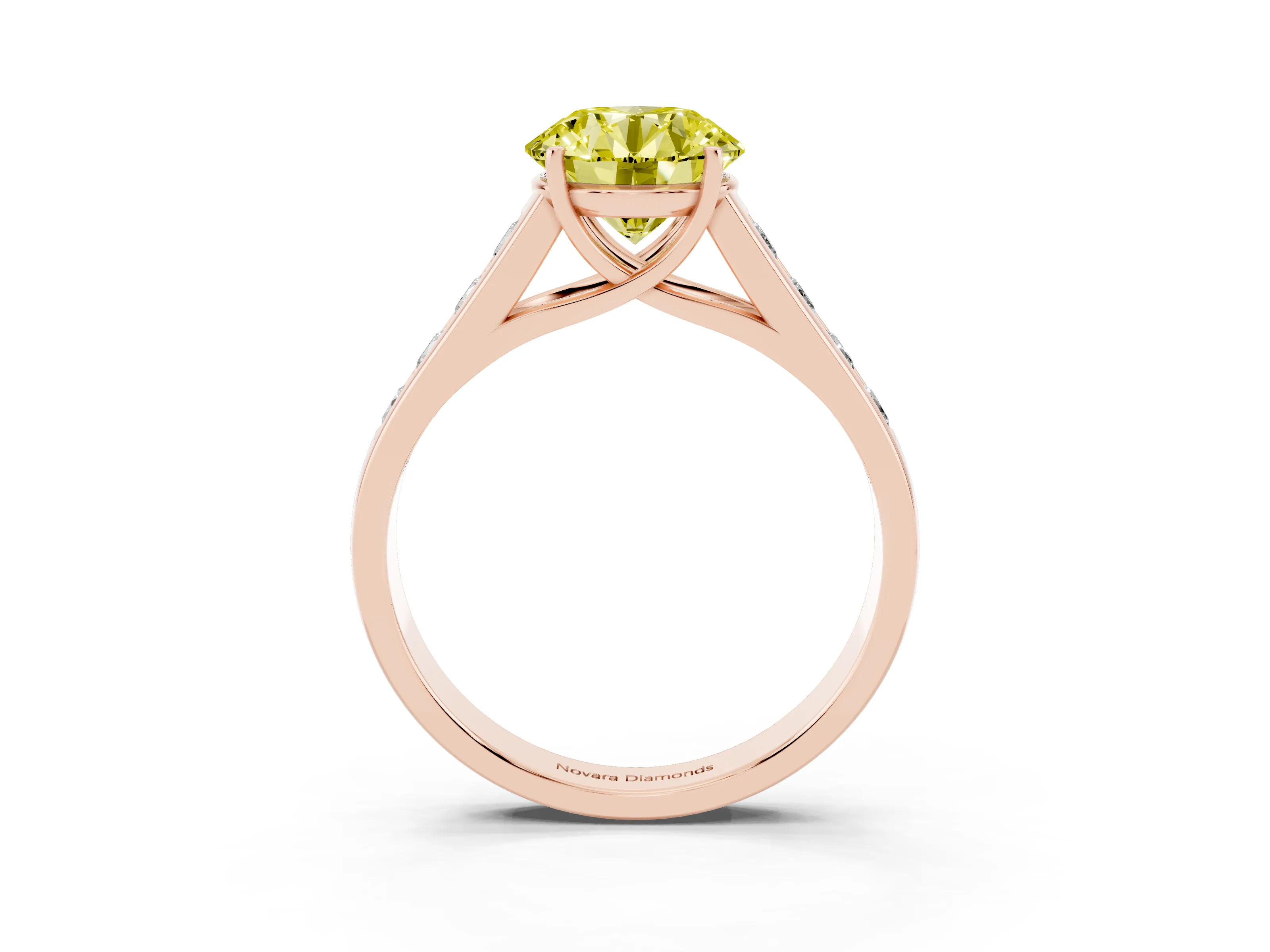 Fancy Yellow Round Cut Diamond Solitaire Channel-Set Engagement Ring Set in Rose gold with Prong Setting
