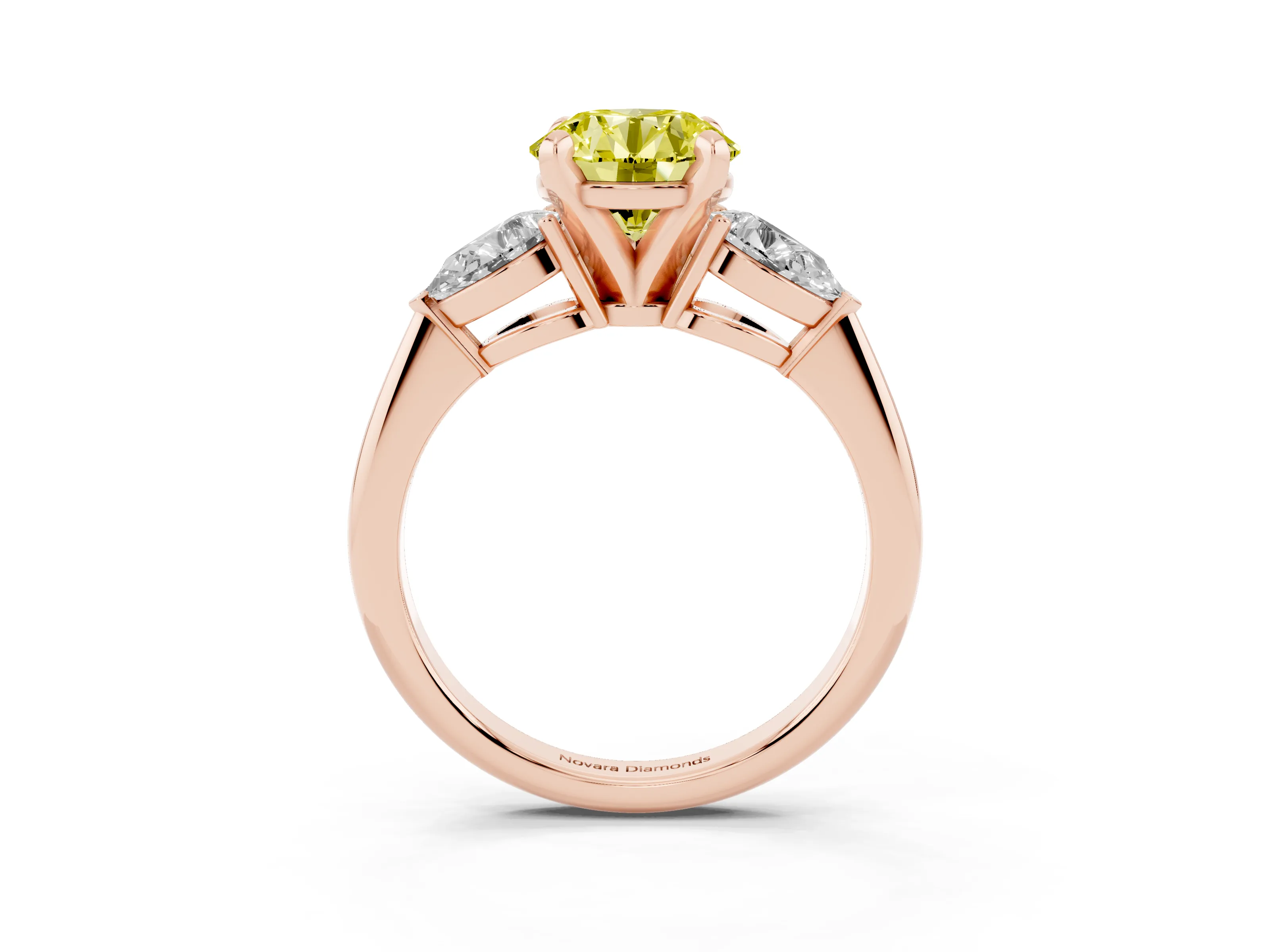 Fancy Yellow Three-Stone Round Cut Diamond Ring Set in Rose gold with Pear Side Stones and Prong Setting