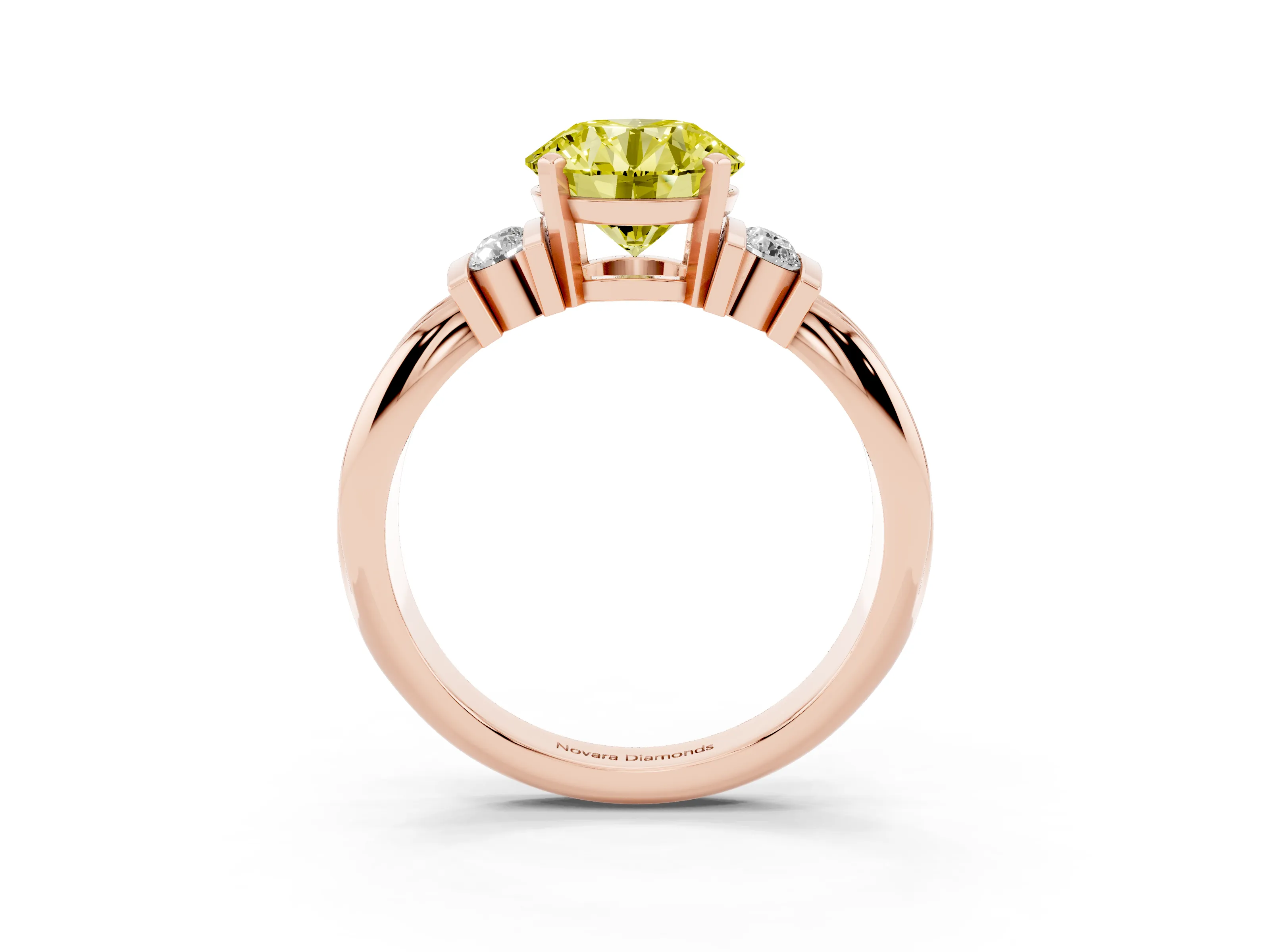 Fancy Yellow Three-Stone Round Cut Diamond Channel Set Ring Set in Rose gold with Bar Prongs