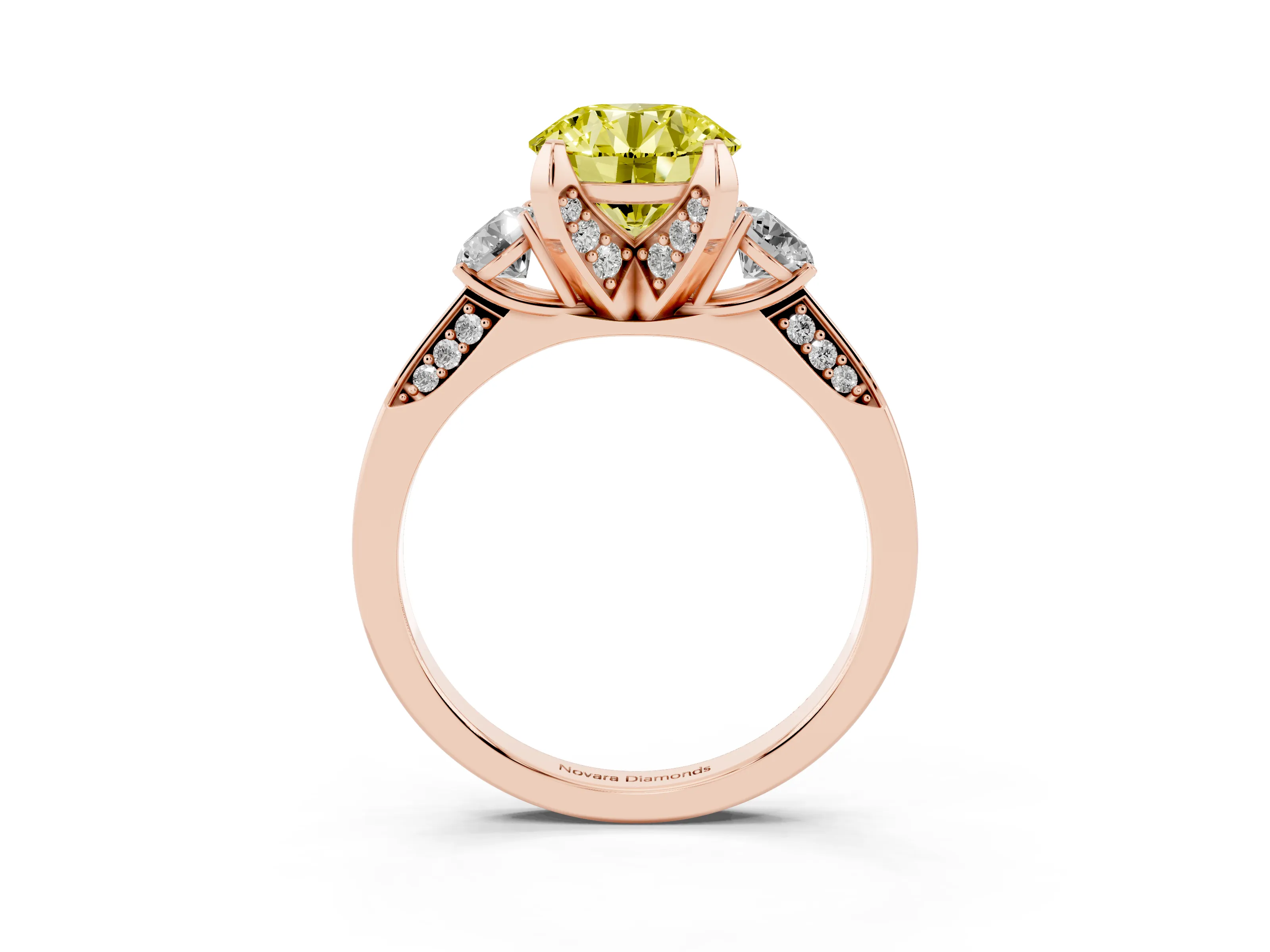 Fancy Yellow Round Cut Diamond Three-Stone Ring Set in Rose gold with Pavé Band and Smaller Side Stones