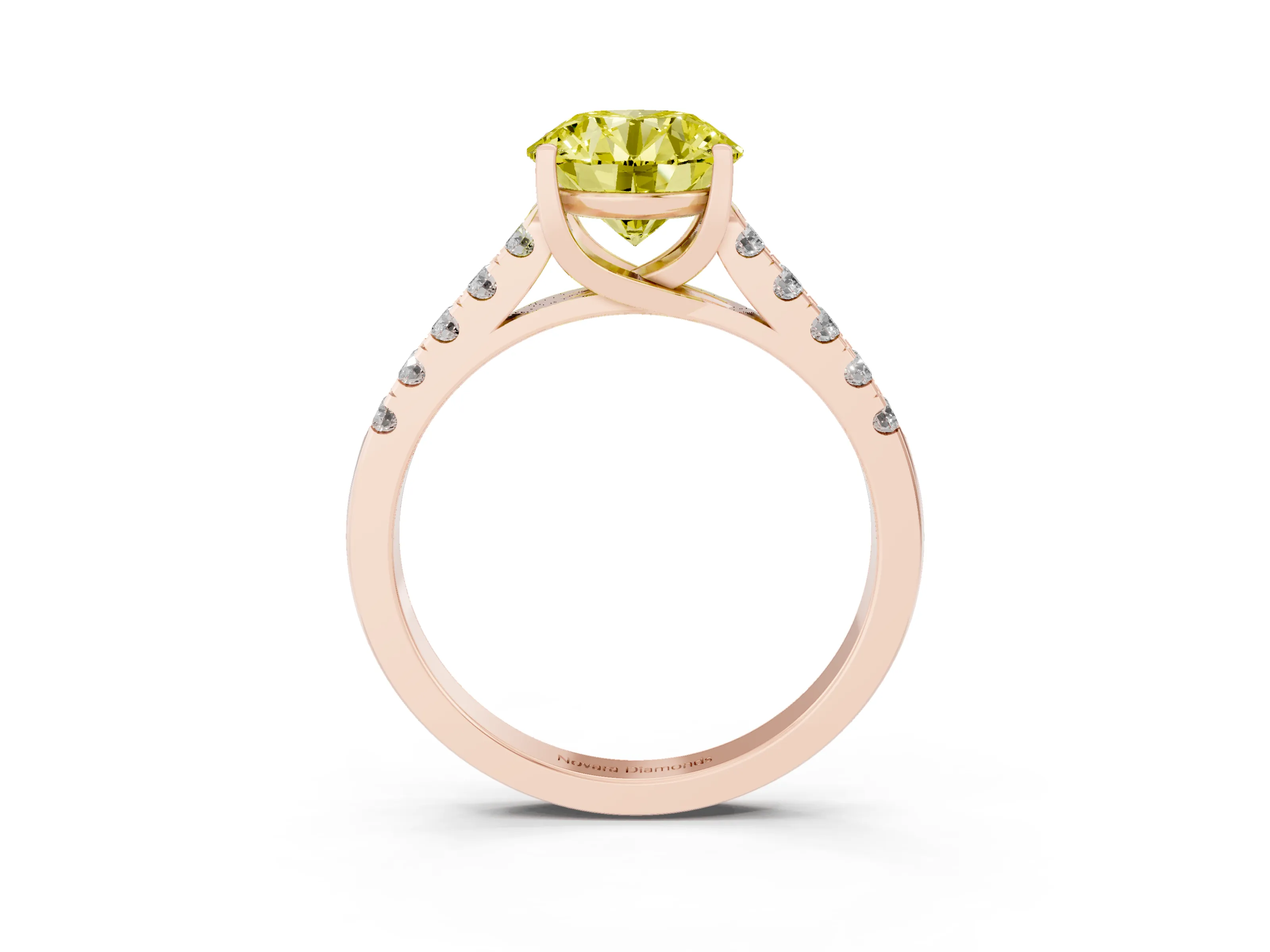 Fancy Yellow Round Cut Diamond Pavé Band Solitaire Ring Set in Rose gold with Partway Accent Stones and Prong Setting