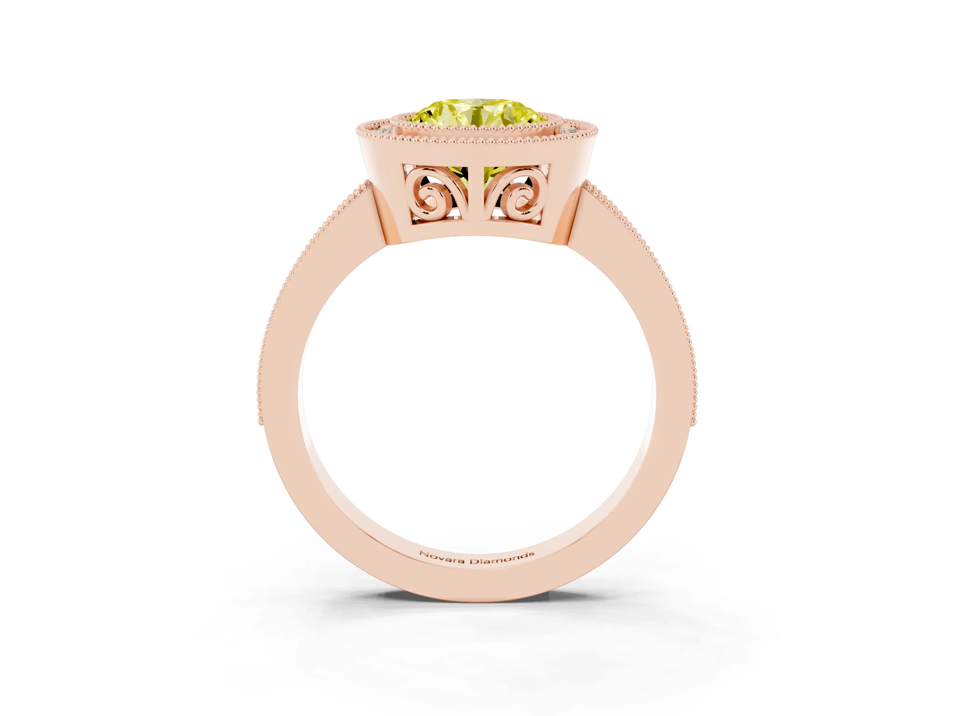 Fancy Yellow Round Cut Diamond Round Halo Ring Set in Rose gold with Pavé Band
