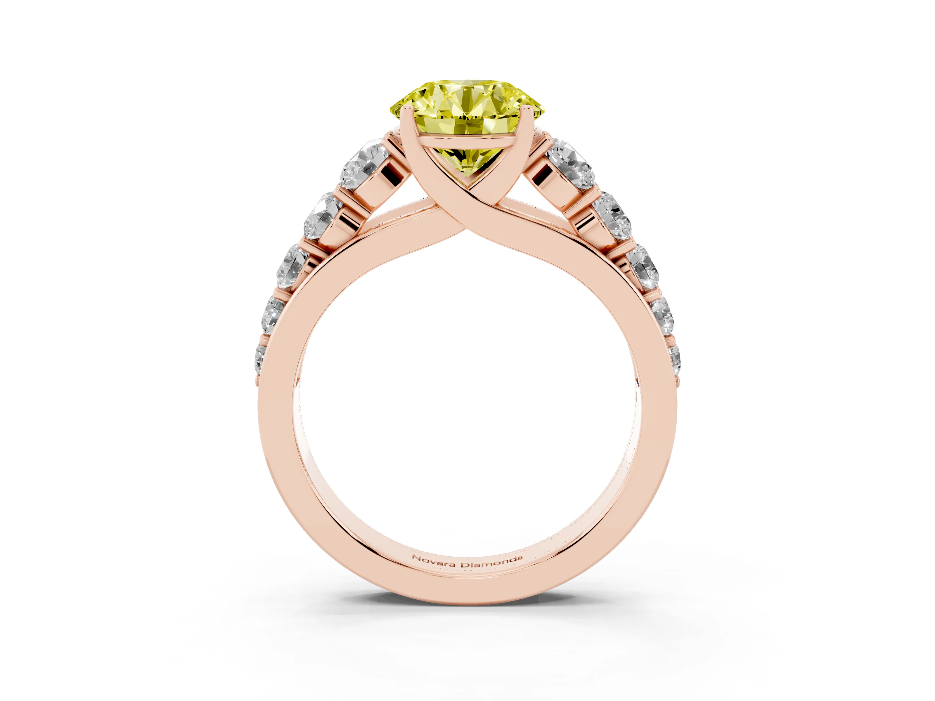 Fancy Yellow Round Cut Diamond Solitaire Ring Set in Rose gold with Pavé-Set Band and Prong Setting