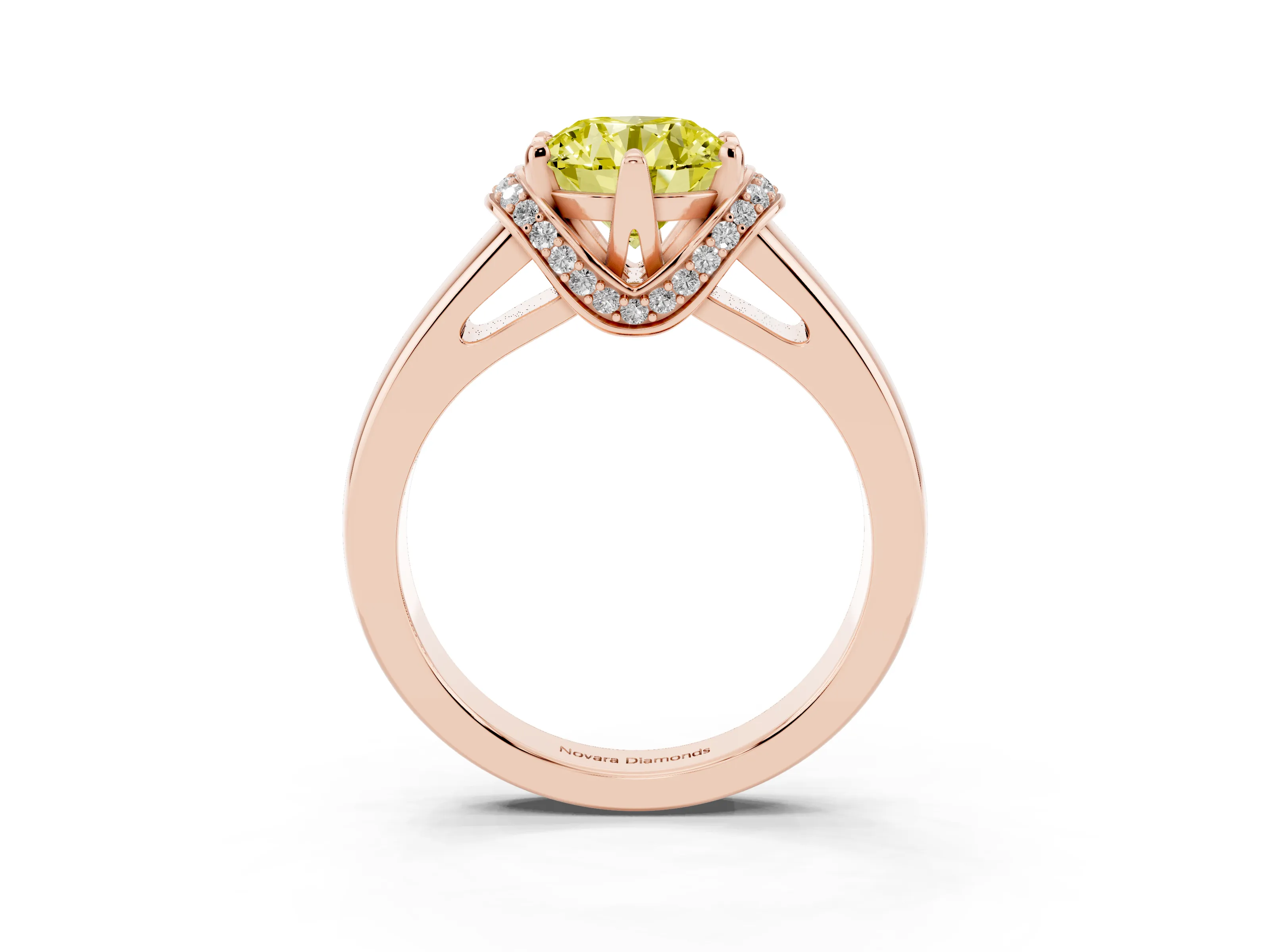 Fancy Yellow Round Cut Diamond Pavé Band Solitaire Ring Set in Rose gold with Prong Setting