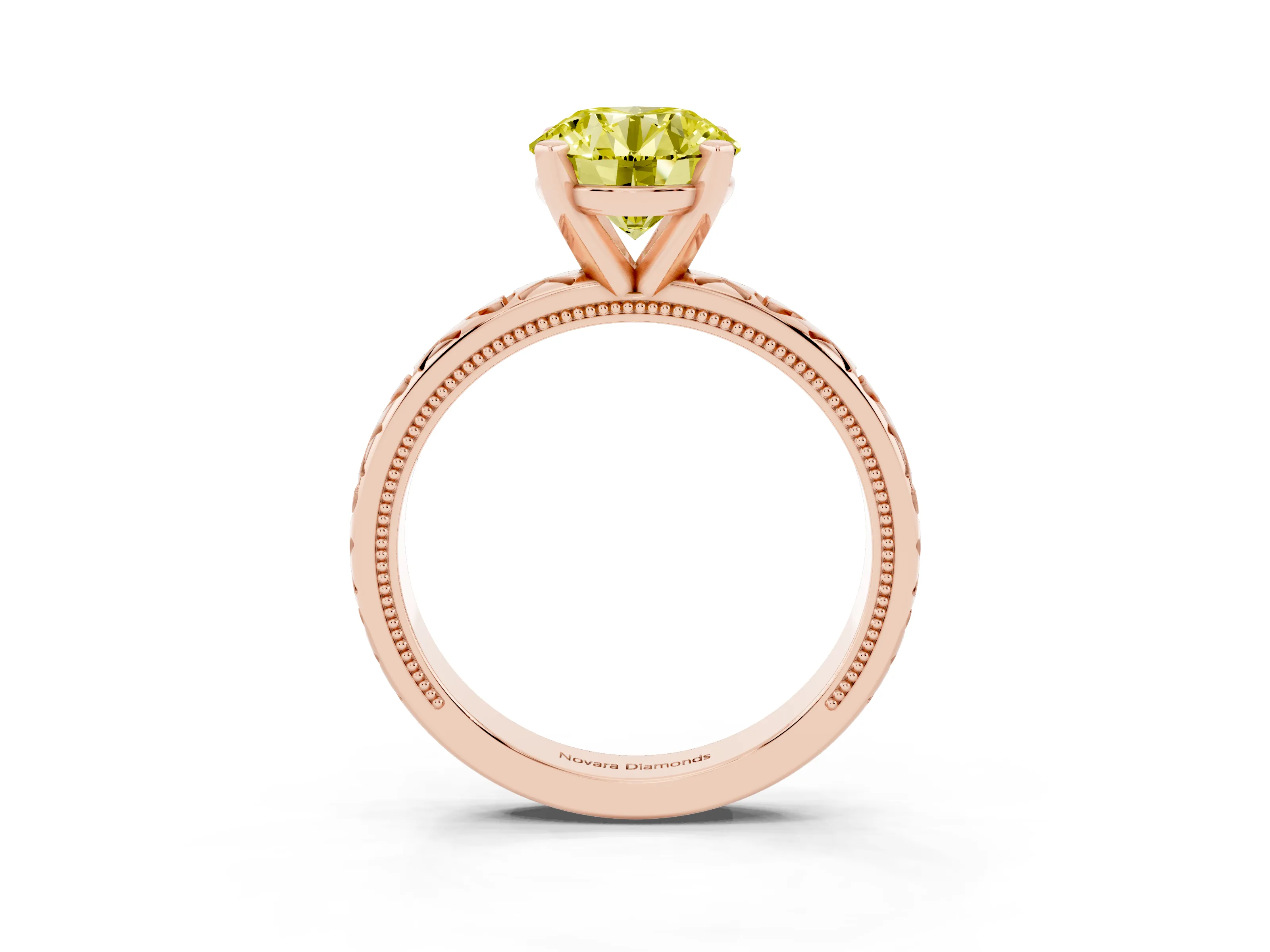 Fancy Yellow Round Cut Diamond Solitaire Engagement Ring Set in Rose gold with XO Engraved Band and Prong Setting