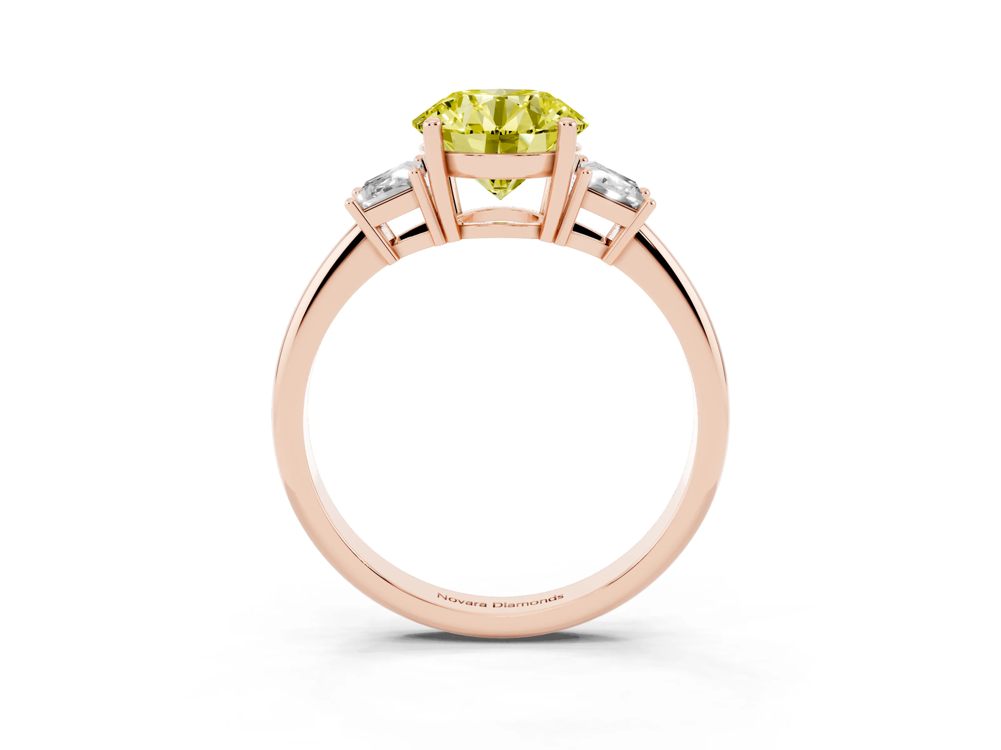 Fancy Yellow Round Cut Diamond Three-Stone Ring Set in Rose gold with Trapezoid Side Stones and Prong Setting