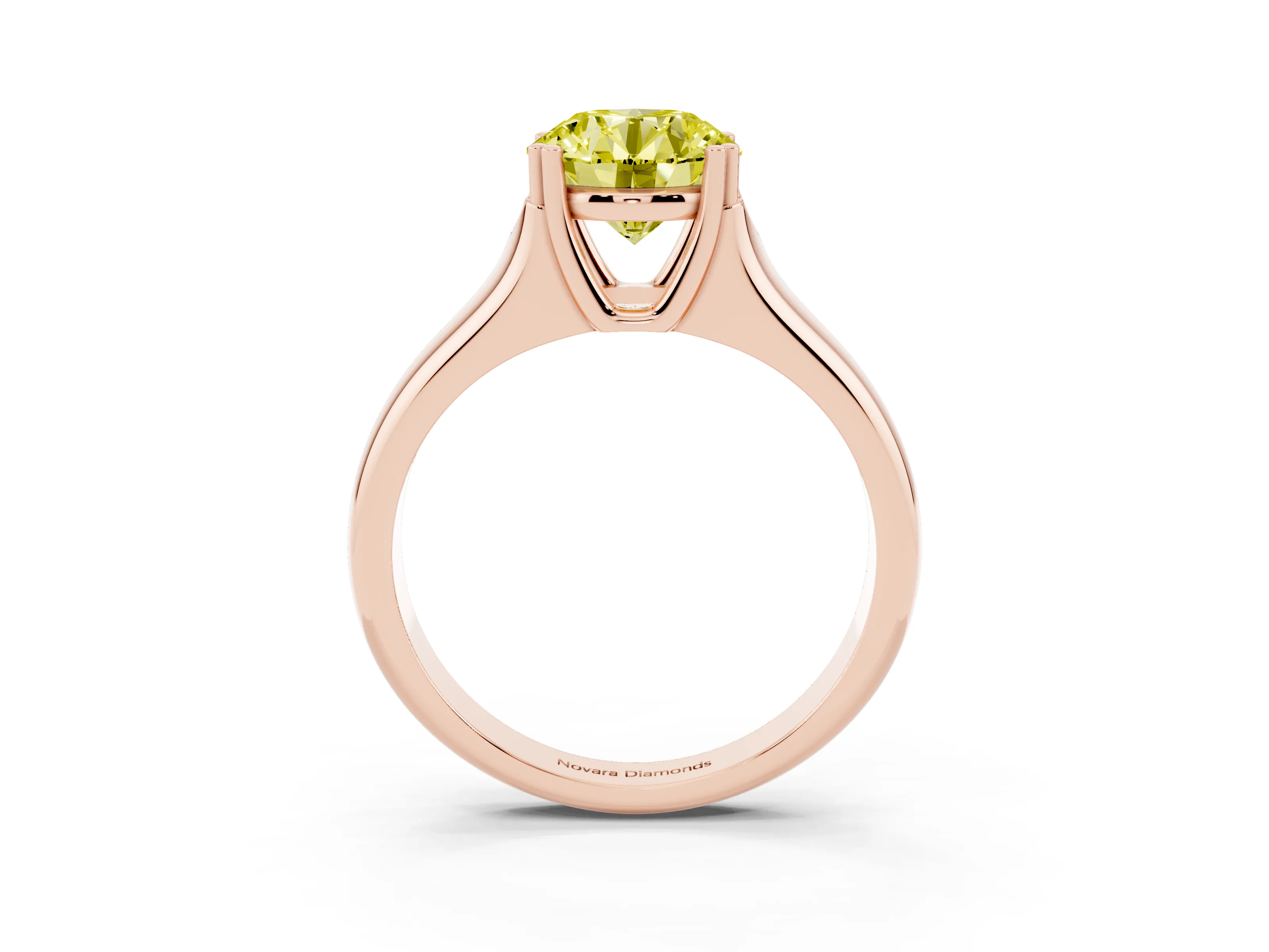Fancy Yellow Round Cut Diamond Solitaire Ring Set in Rose gold with Wide Band and Prong Setting