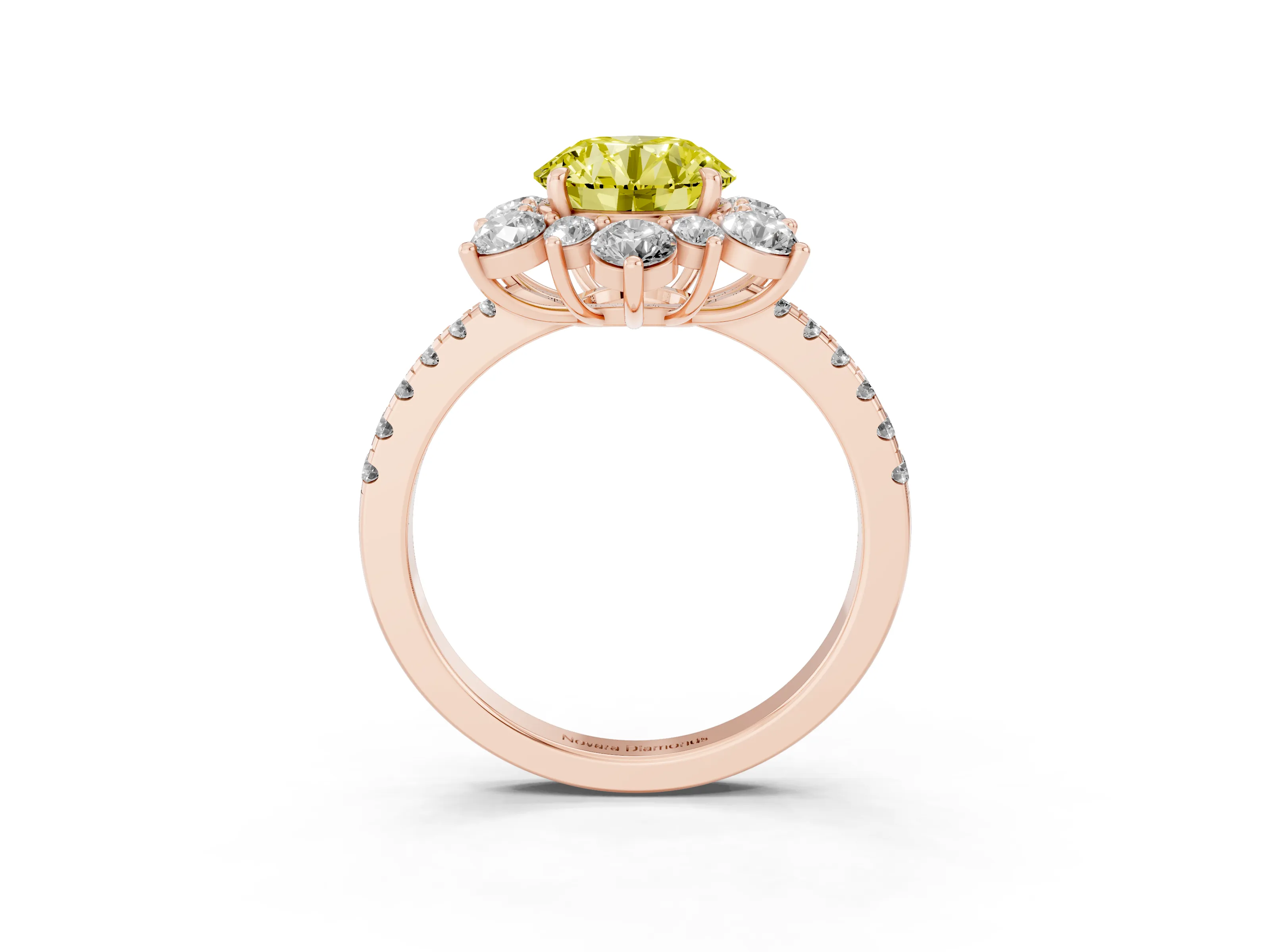 Fancy Yellow Round Cut Diamond Floral Halo Ring Set in Rose gold with Round Pavé Band and Prong Setting