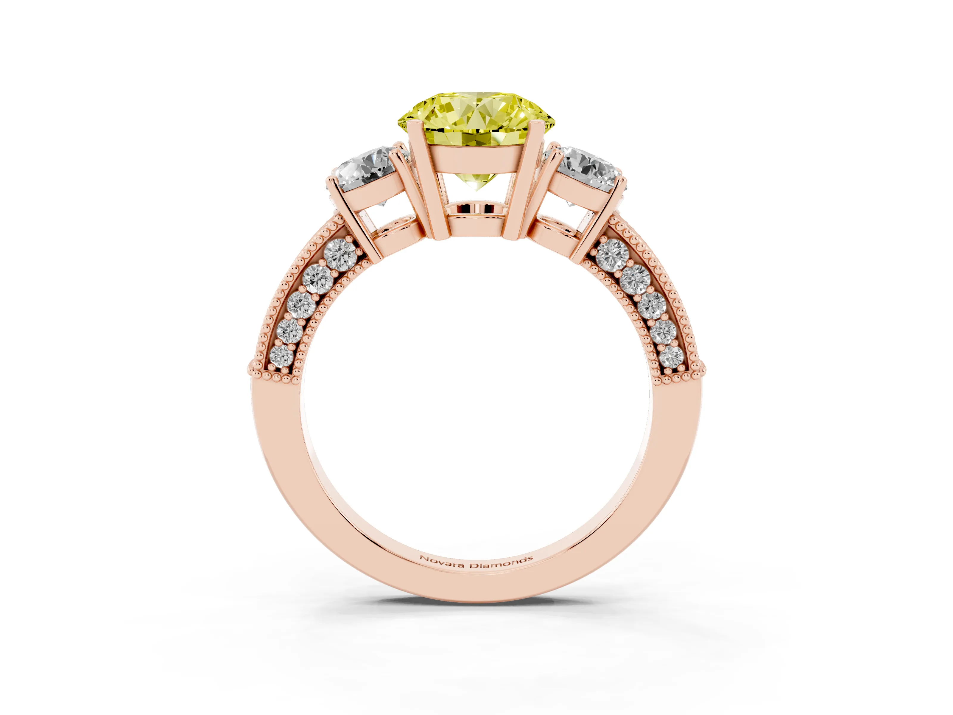 Fancy Yellow Round Cut Diamond Three-Stone Ring Set in Rose gold with Round Side Stones and Pavé Band