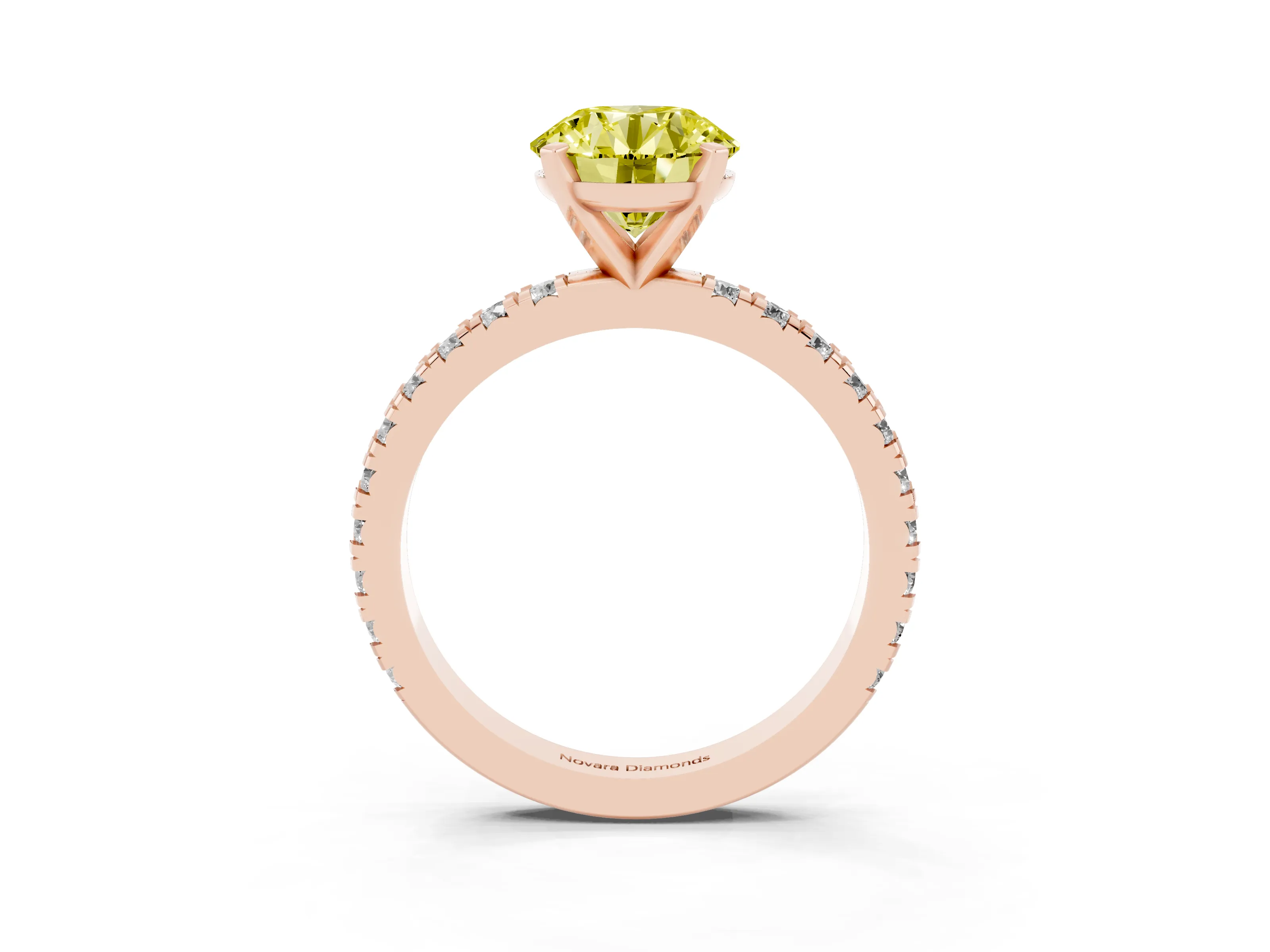 Fancy Yellow Round Cut Diamond Pavé Band Solitaire Set in Rose gold with Prong Setting
