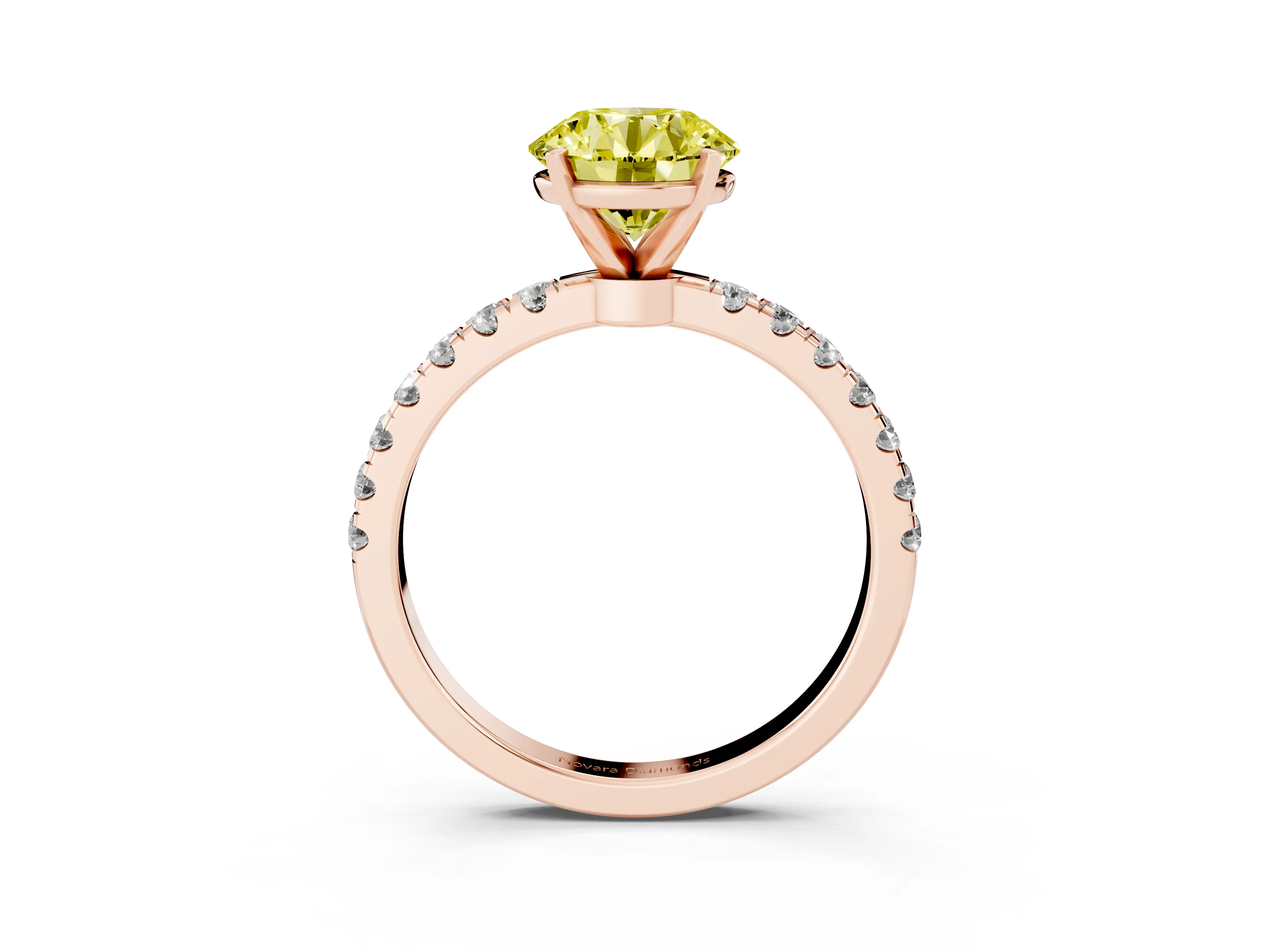 Fancy Yellow Round Cut Diamond Solitaire Ring Set in Rose gold with Pavé Accents and Prong Setting
