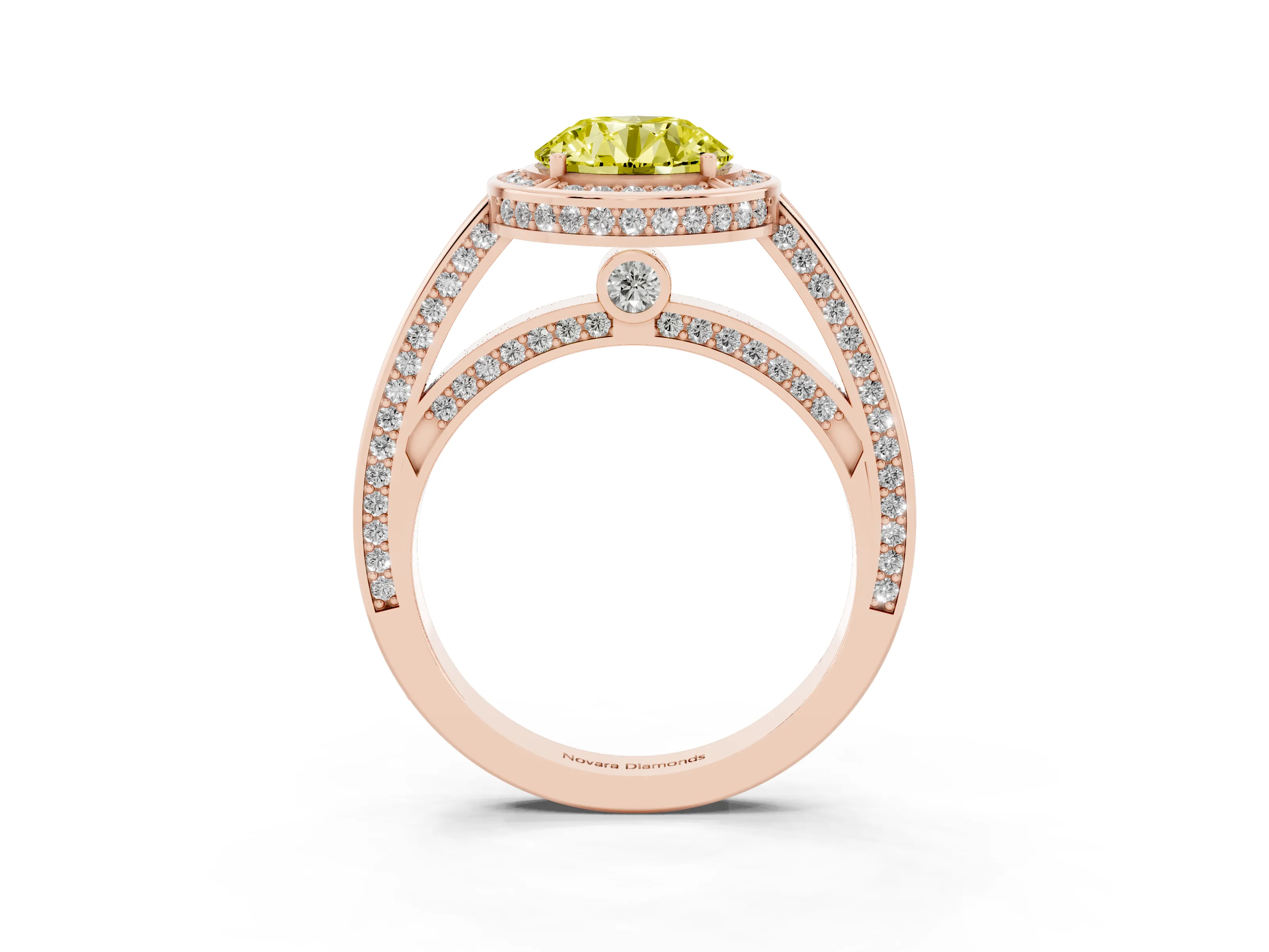 Fancy Yellow Round Cut Diamond Halo Pavé Split Shank Ring Set in Rose gold with Prong Setting