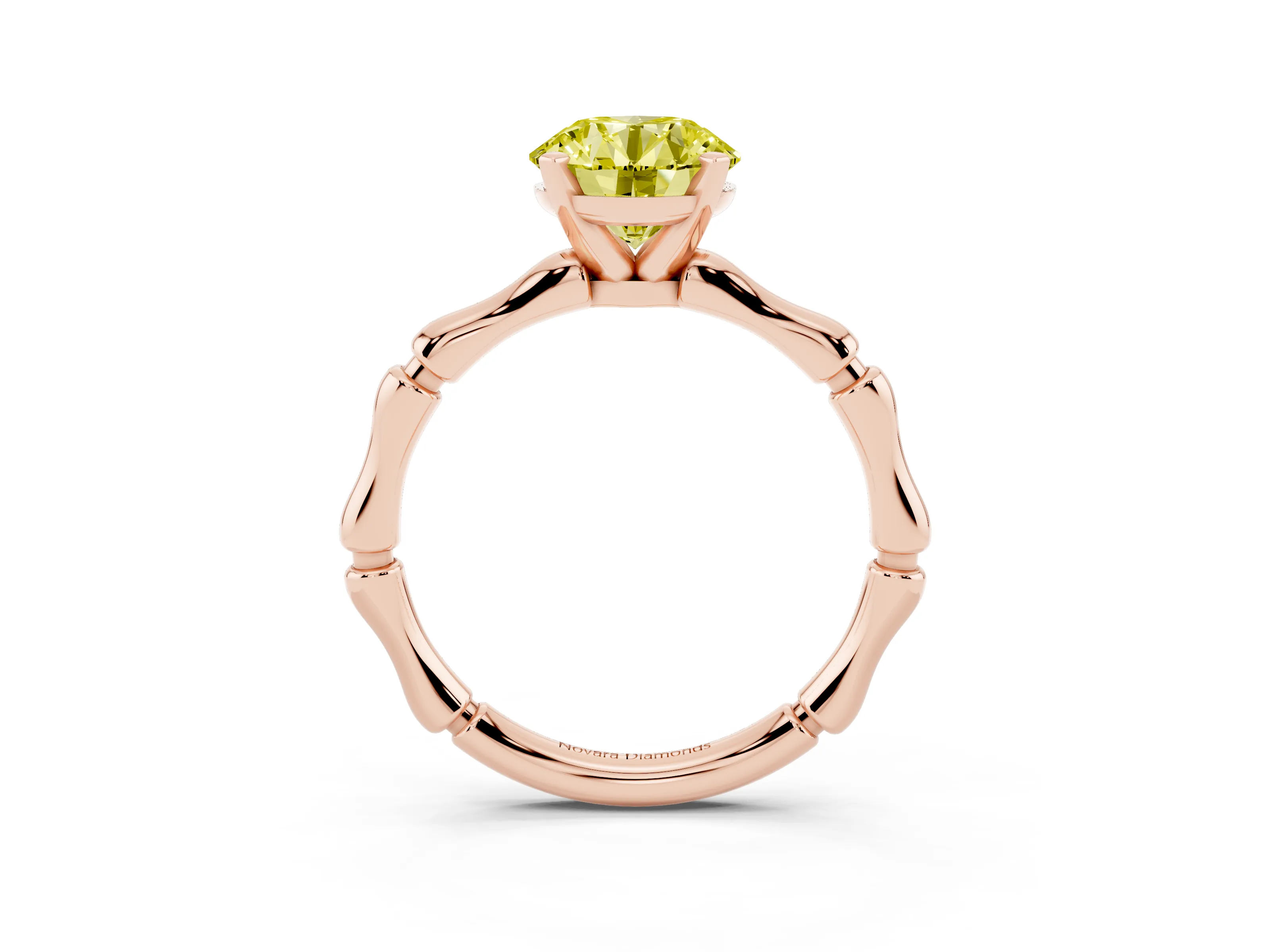 Fancy Yellow Round Cut Diamond Solitaire Ring Set in Rose gold with Bamboo Band and Prong Setting