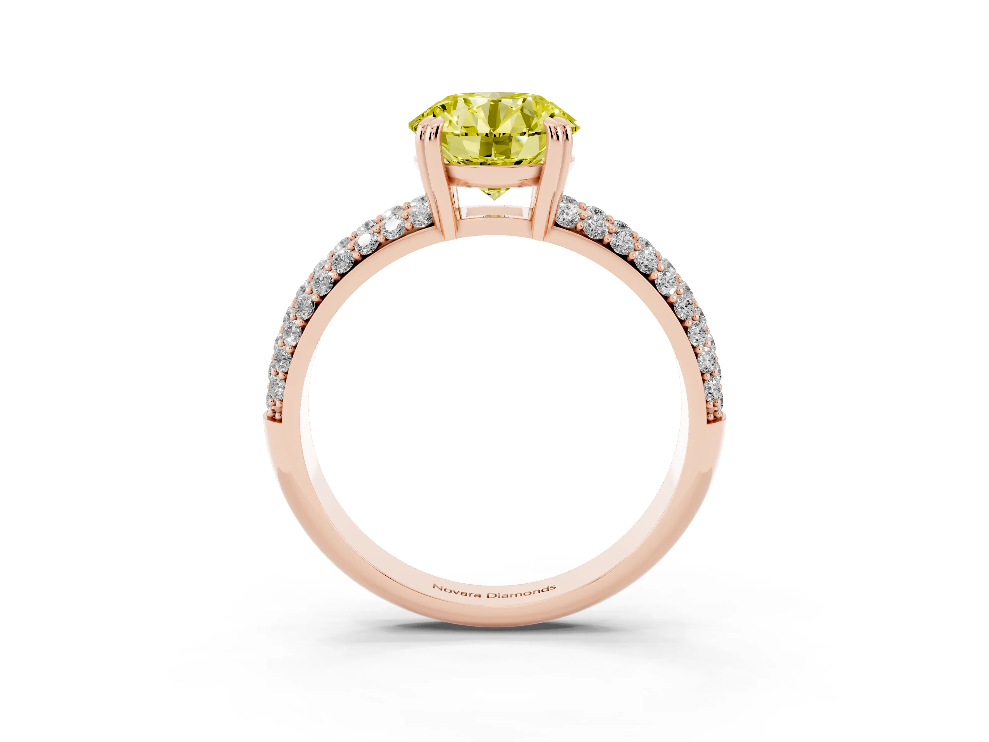 Fancy Yellow Round Cut Diamond Solitaire Ring Set in Rose gold with Multi-Row Round Pavé Band and Prong Setting
