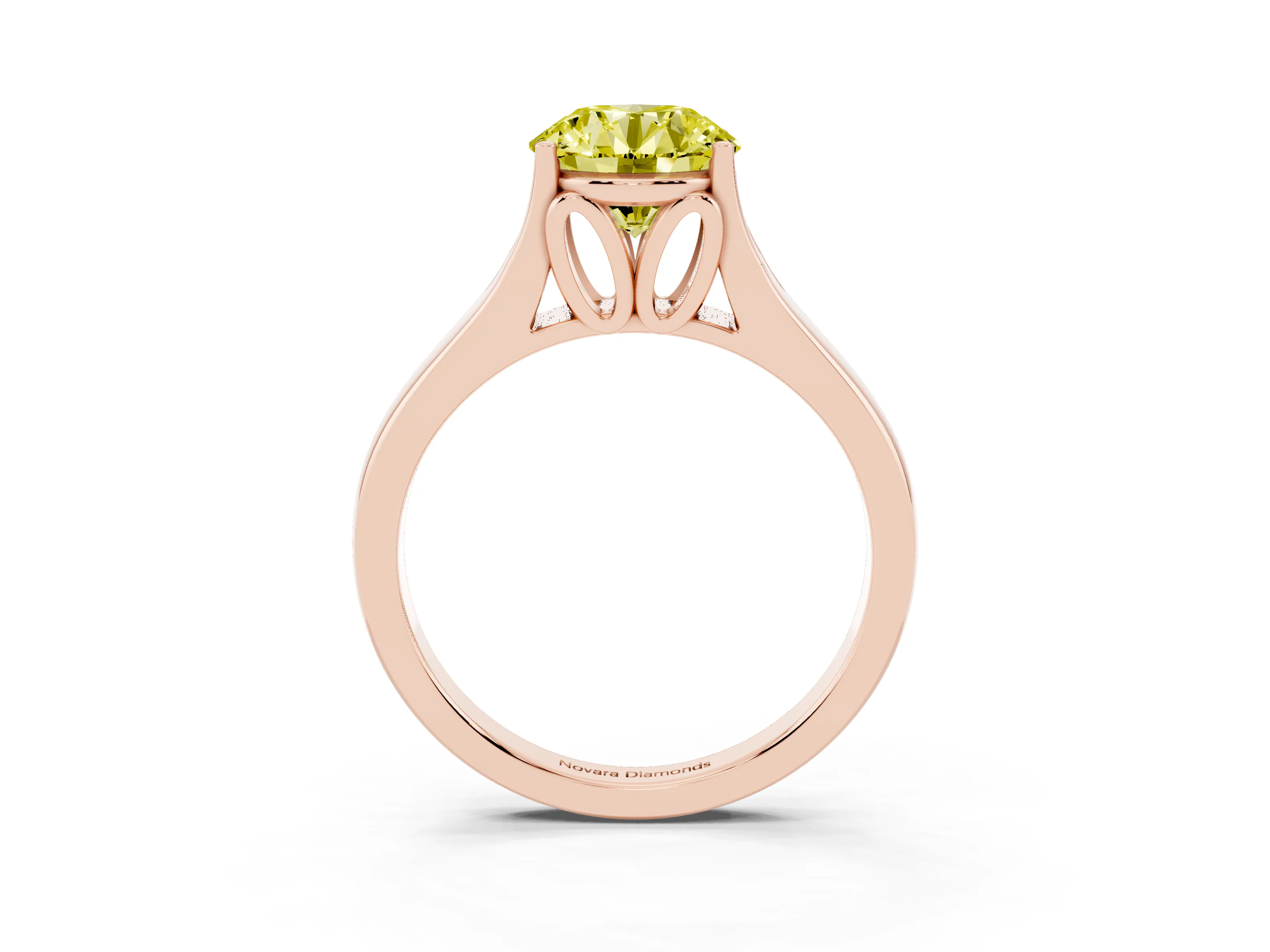 Fancy Yellow Round Cut Diamond Solitaire Ring Set in Rose gold with Arched Cathedral Band and Prong Setting