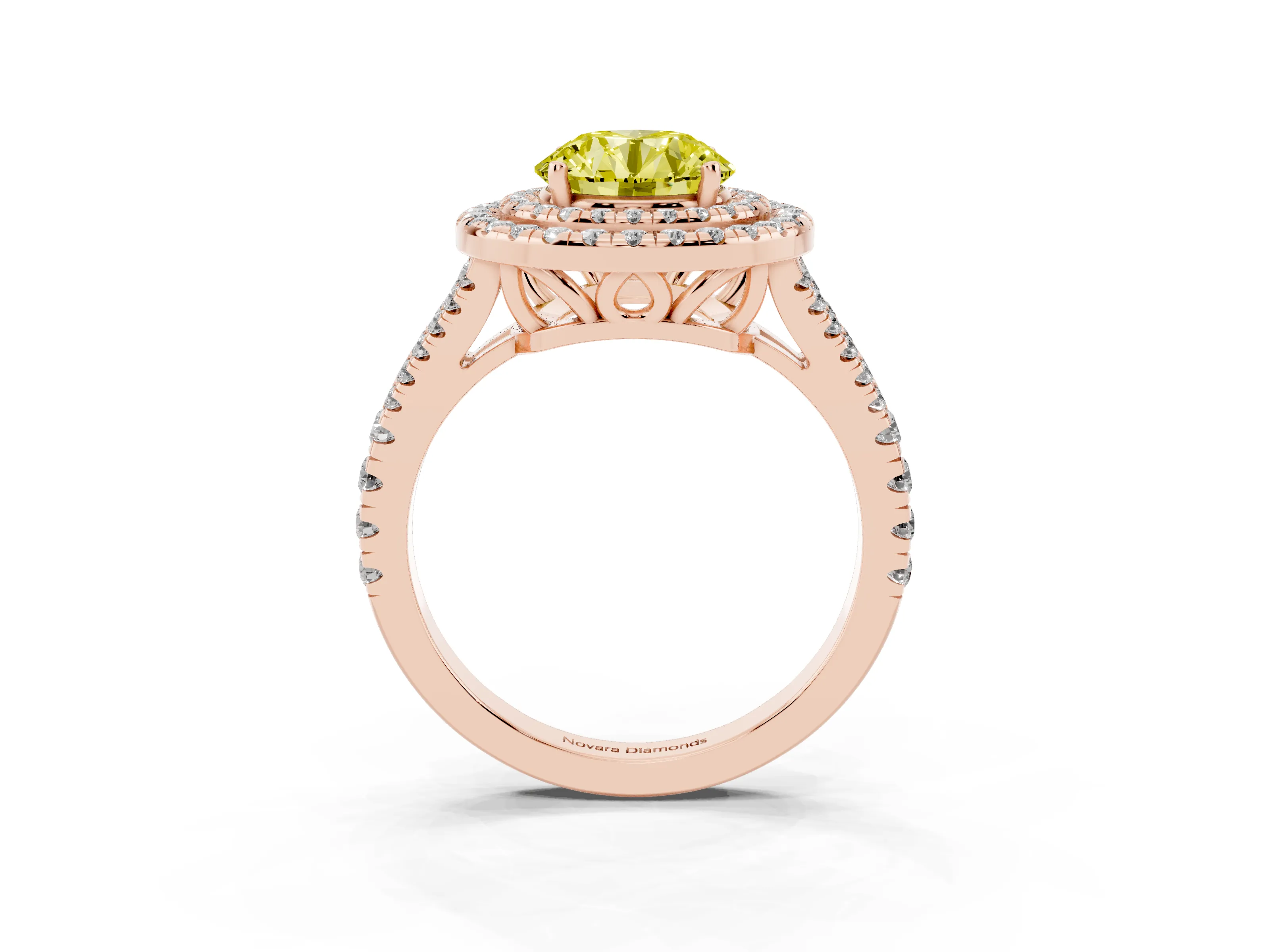 Fancy Yellow Round Cut Diamond Double Halo Ring Set in Rose gold with Pavé Band