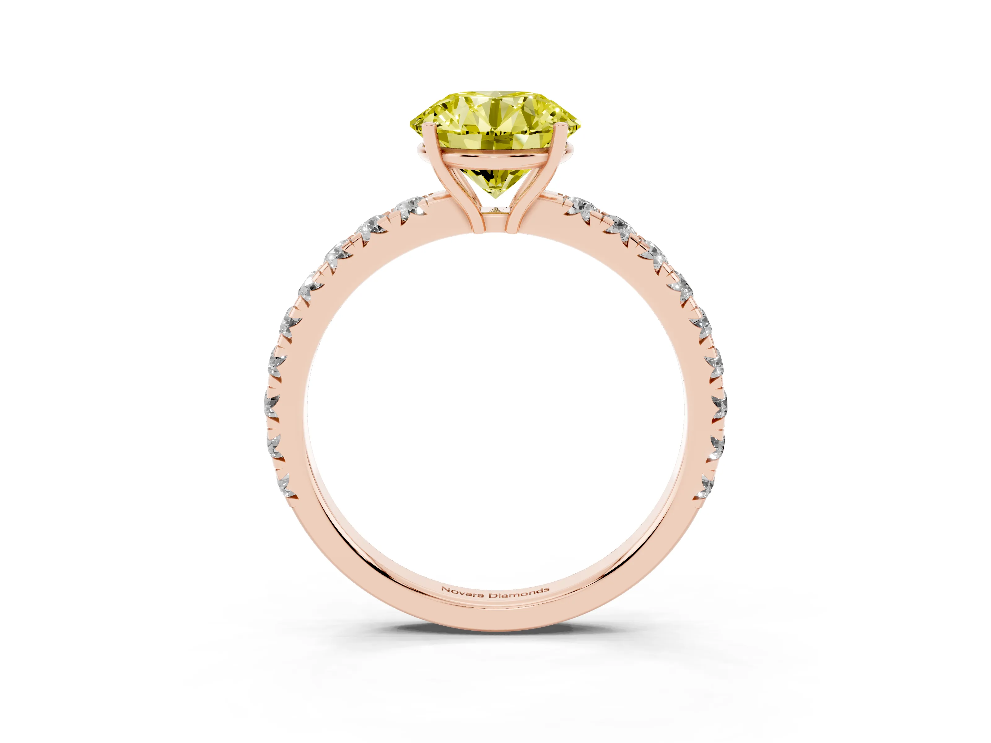 Fancy Yellow Round Cut Diamond Pavé Solitaire Engagement Ring Set in Rose gold with Prong Setting