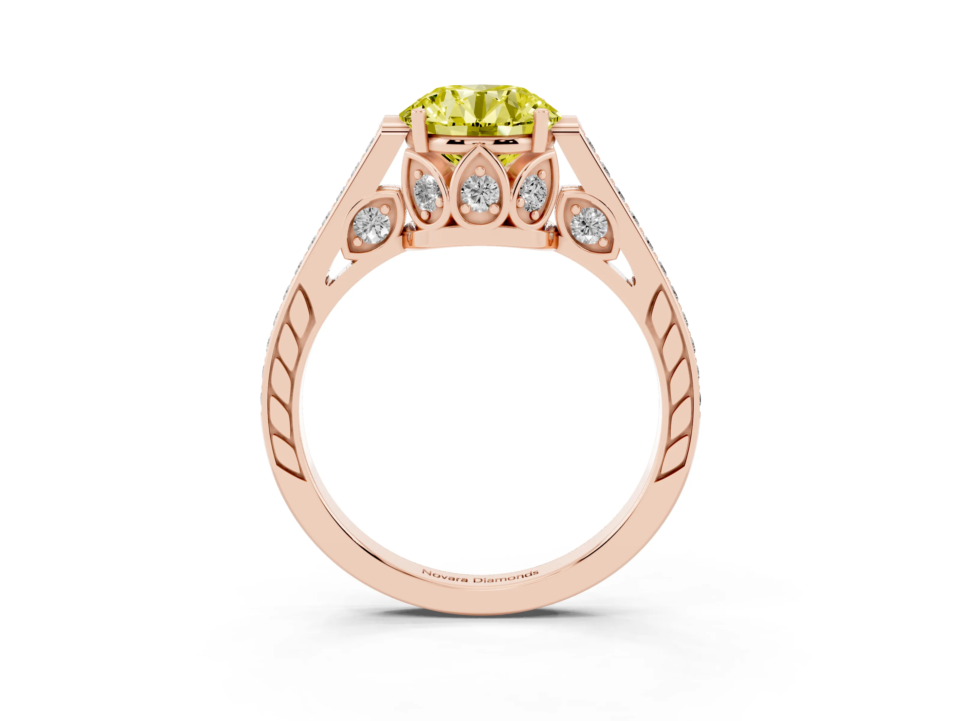 Fancy Yellow Round Cut Diamond Cathedral Pavé Engagement Ring Set in Rose gold with Prong Setting