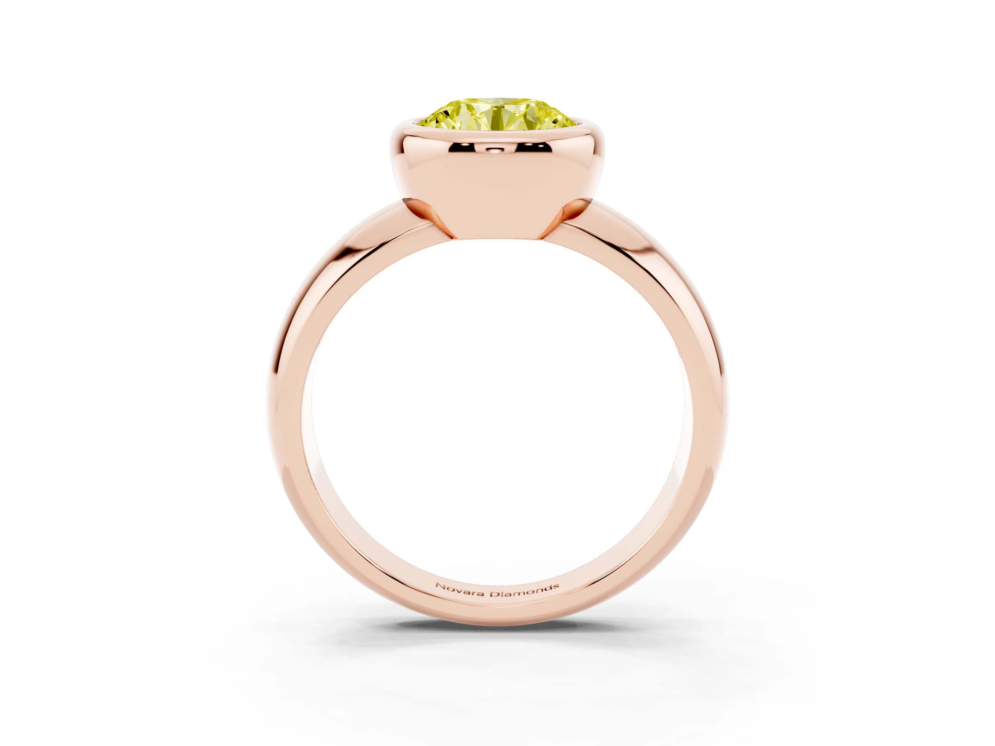 Fancy Yellow Bezel Set Round Cut Diamond Solitaire Ring Set in Rose gold with Wide Band