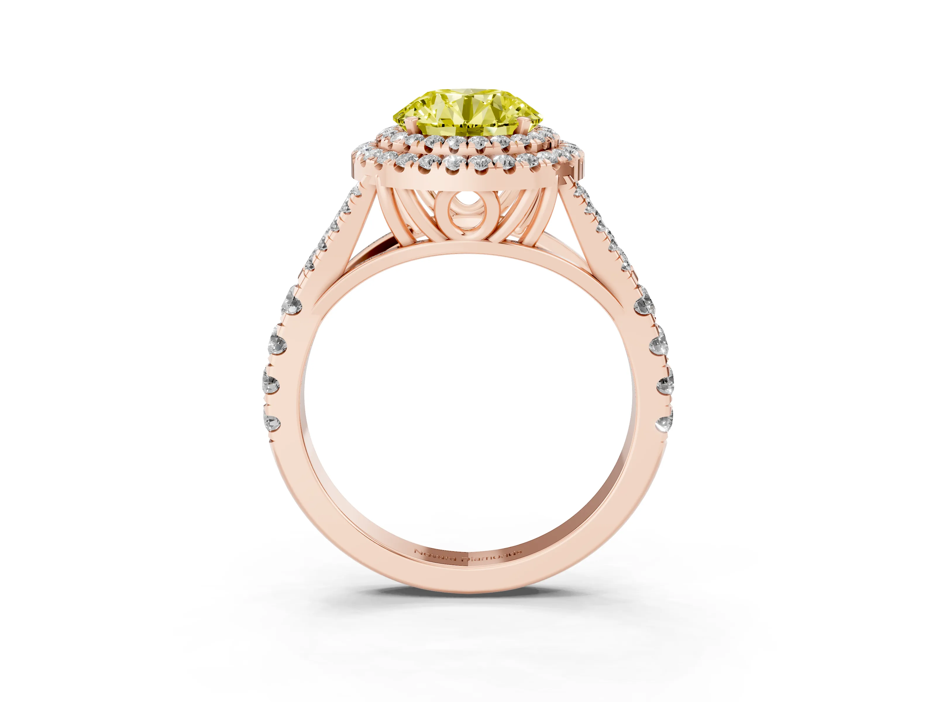 Fancy Yellow Round Cut Diamond Pavé Split Shank Double Halo Engagement Ring Set in Rose gold