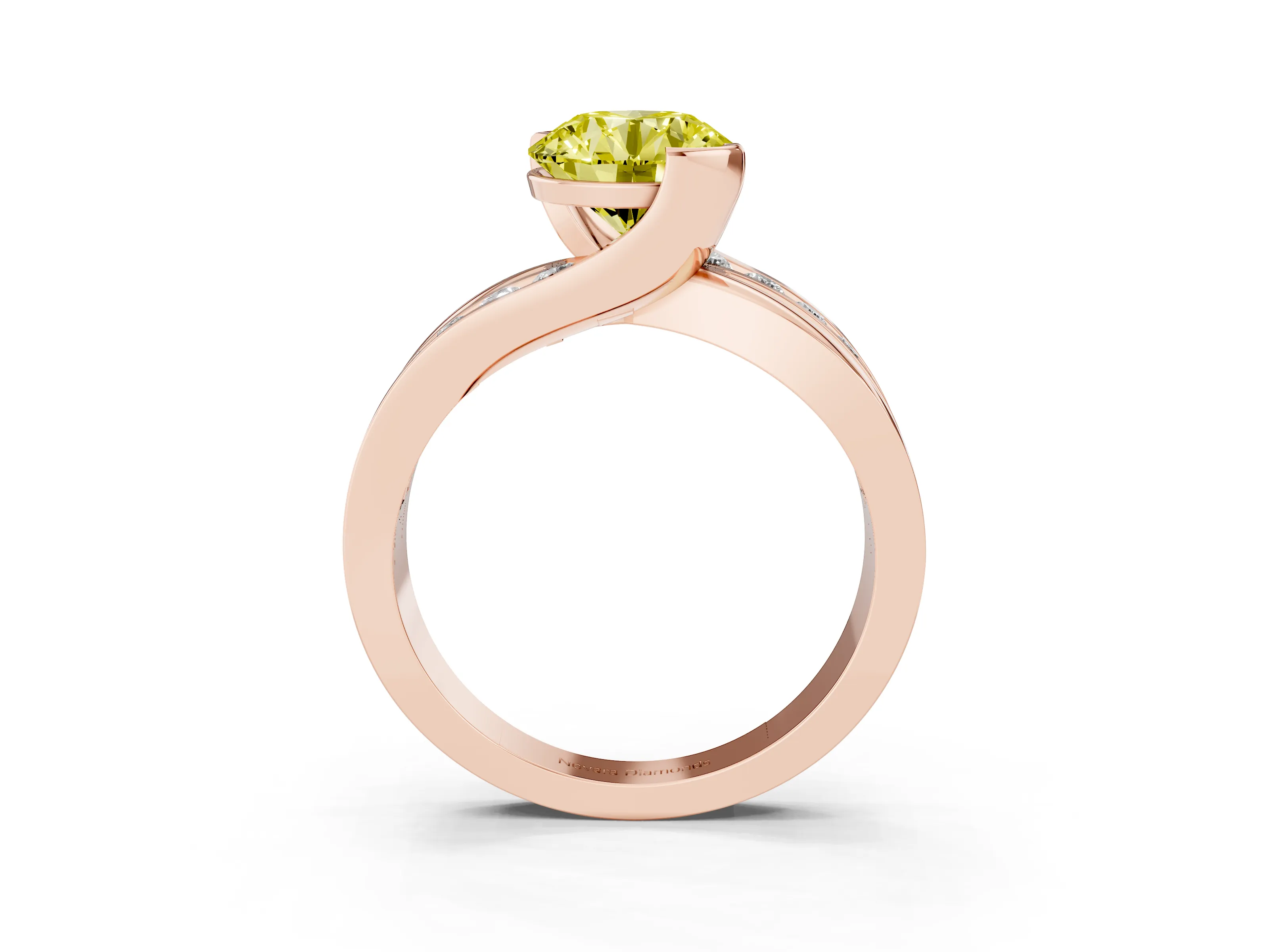 Fancy Yellow Round Cut Diamond Solitaire Ring Set in Rose gold with Channel Set Split Shank and Tension Prongs