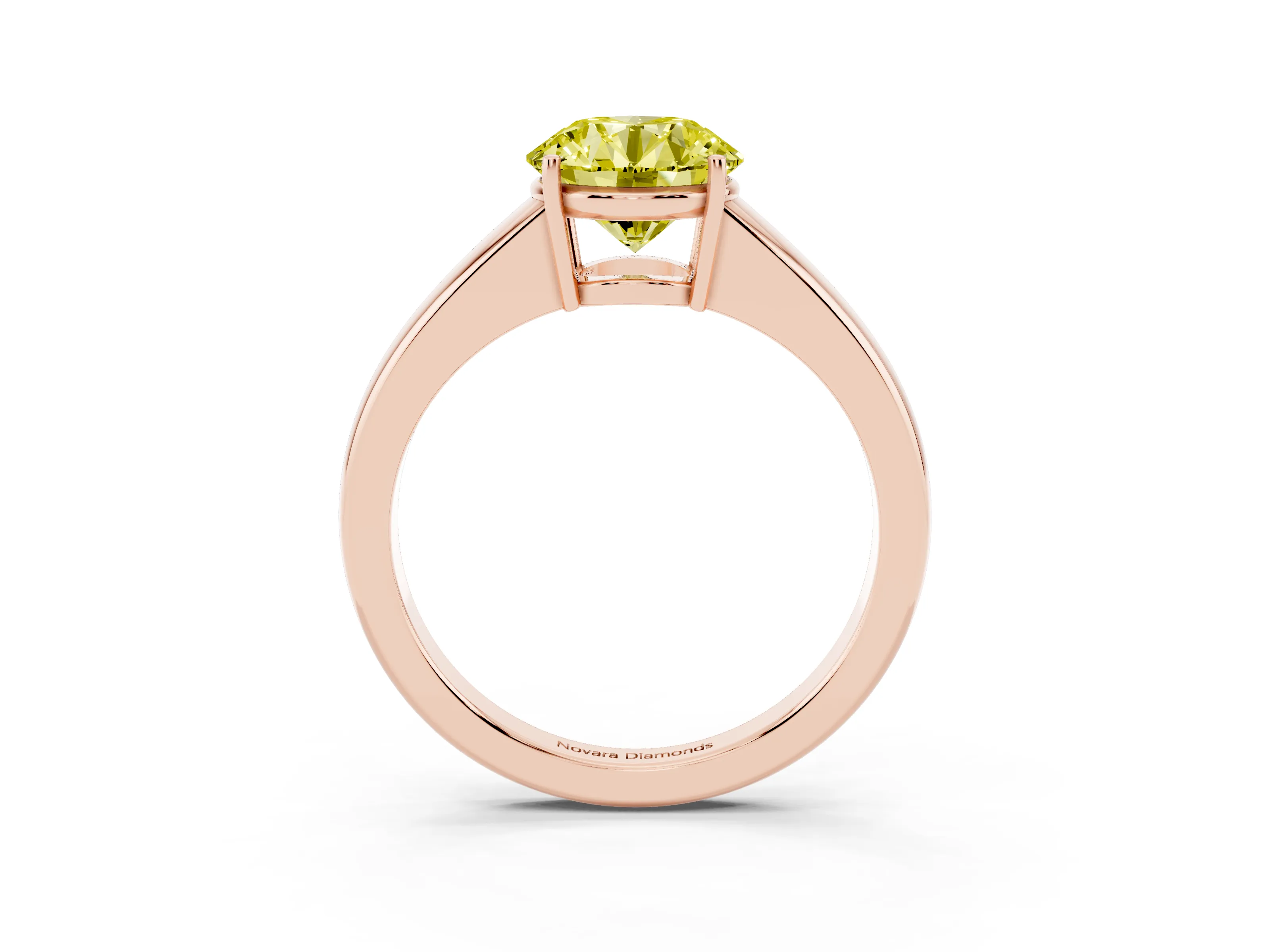 Fancy Yellow Round Cut Diamond Solitaire Ring Set in Rose gold with Tapered Band and Prong Setting