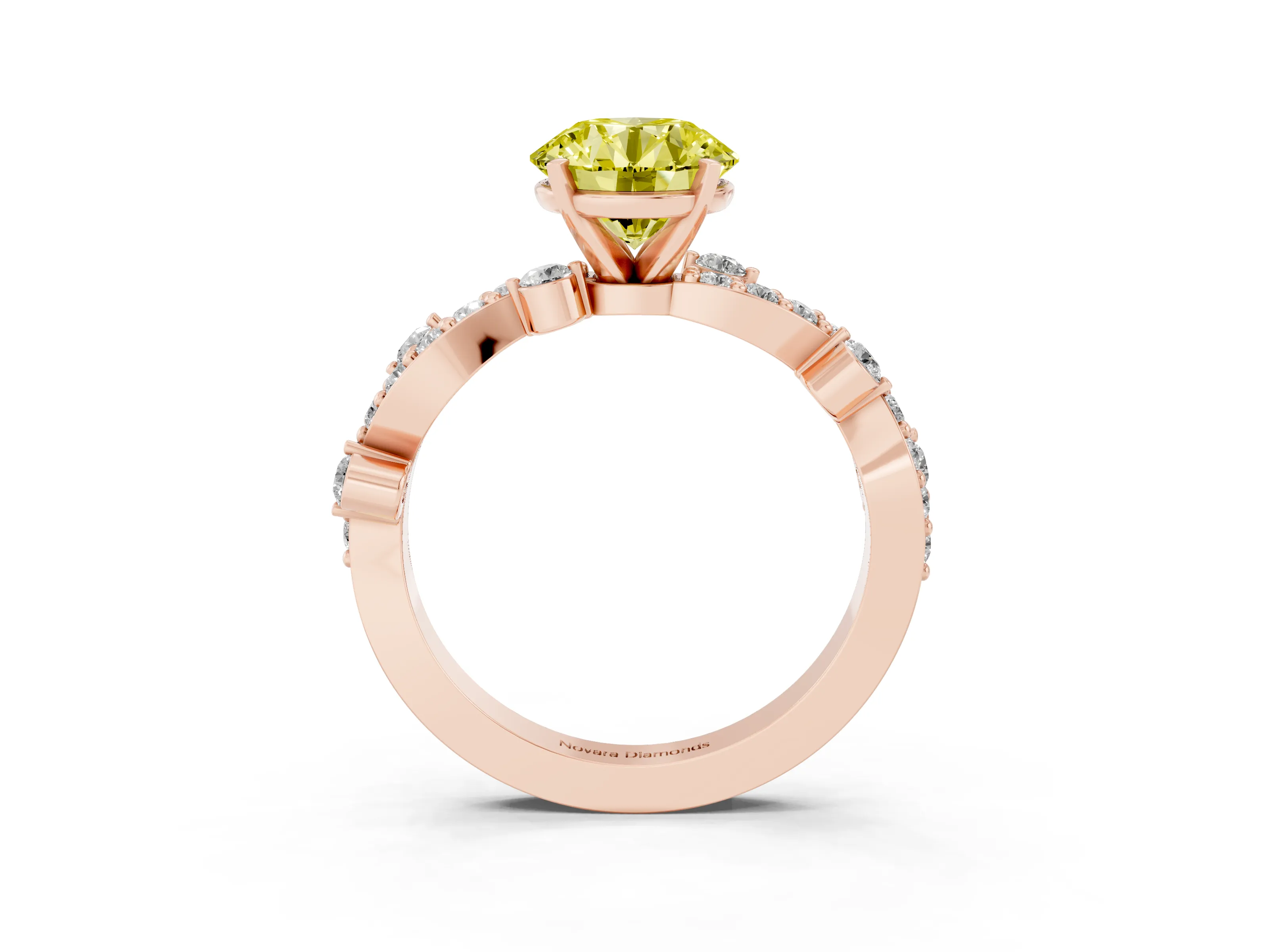 Fancy Yellow Round Cut Diamond Solitaire Twisted Band Set in Rose gold with Pavé Setting