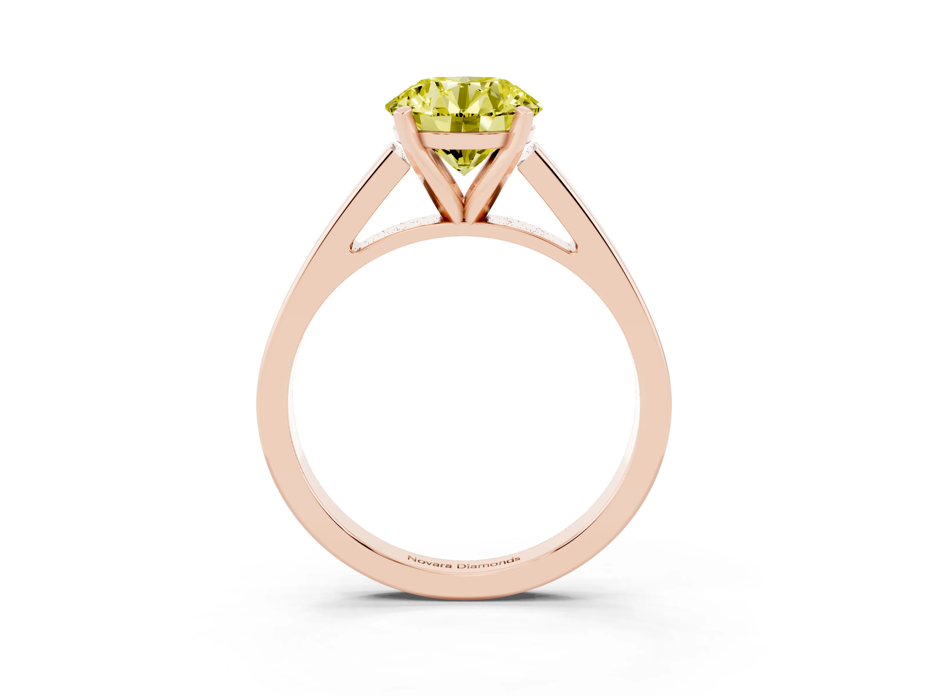 Fancy Yellow Round Cut Diamond Solitaire Engagement Ring Set in Rose gold with Prong Setting and Tapered Band