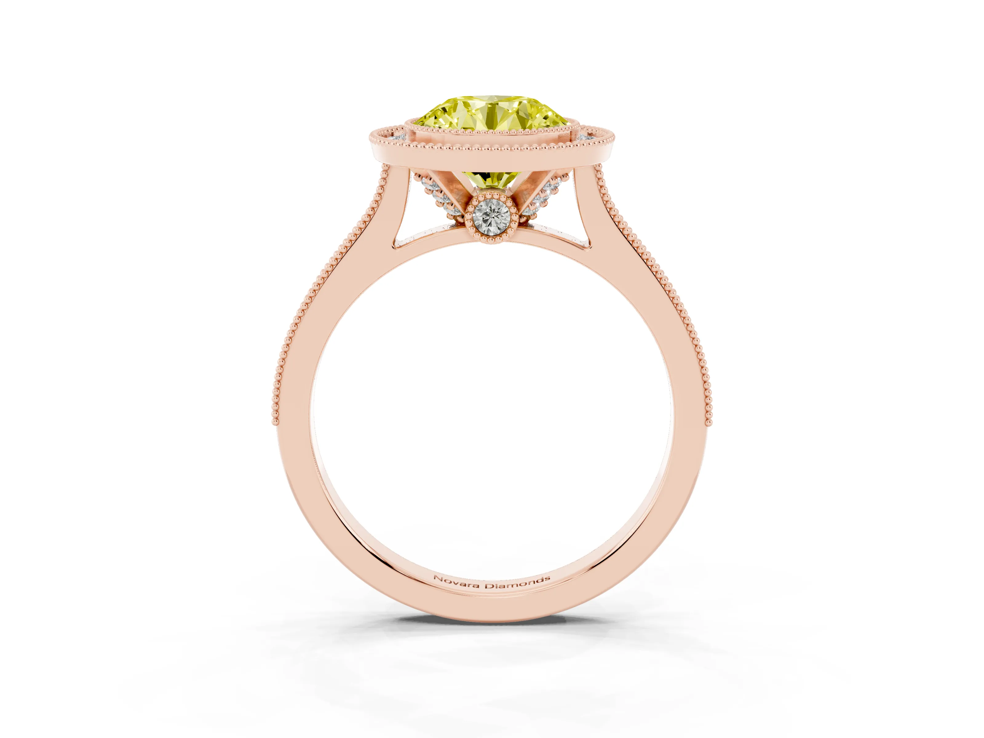 Fancy Yellow Round Cut Diamond Halo Milgrain Pavé Band Ring Set in Rose gold with Prong Setting