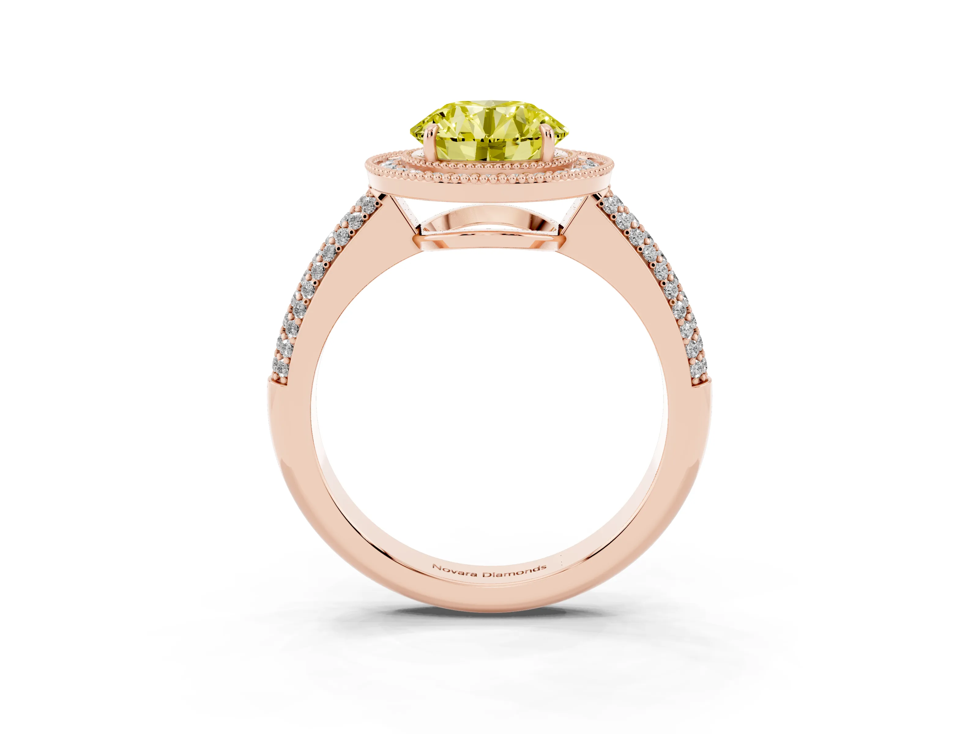 Fancy Yellow Round Cut Diamond Halo Pavé Band Set in Rose gold with Prong Setting