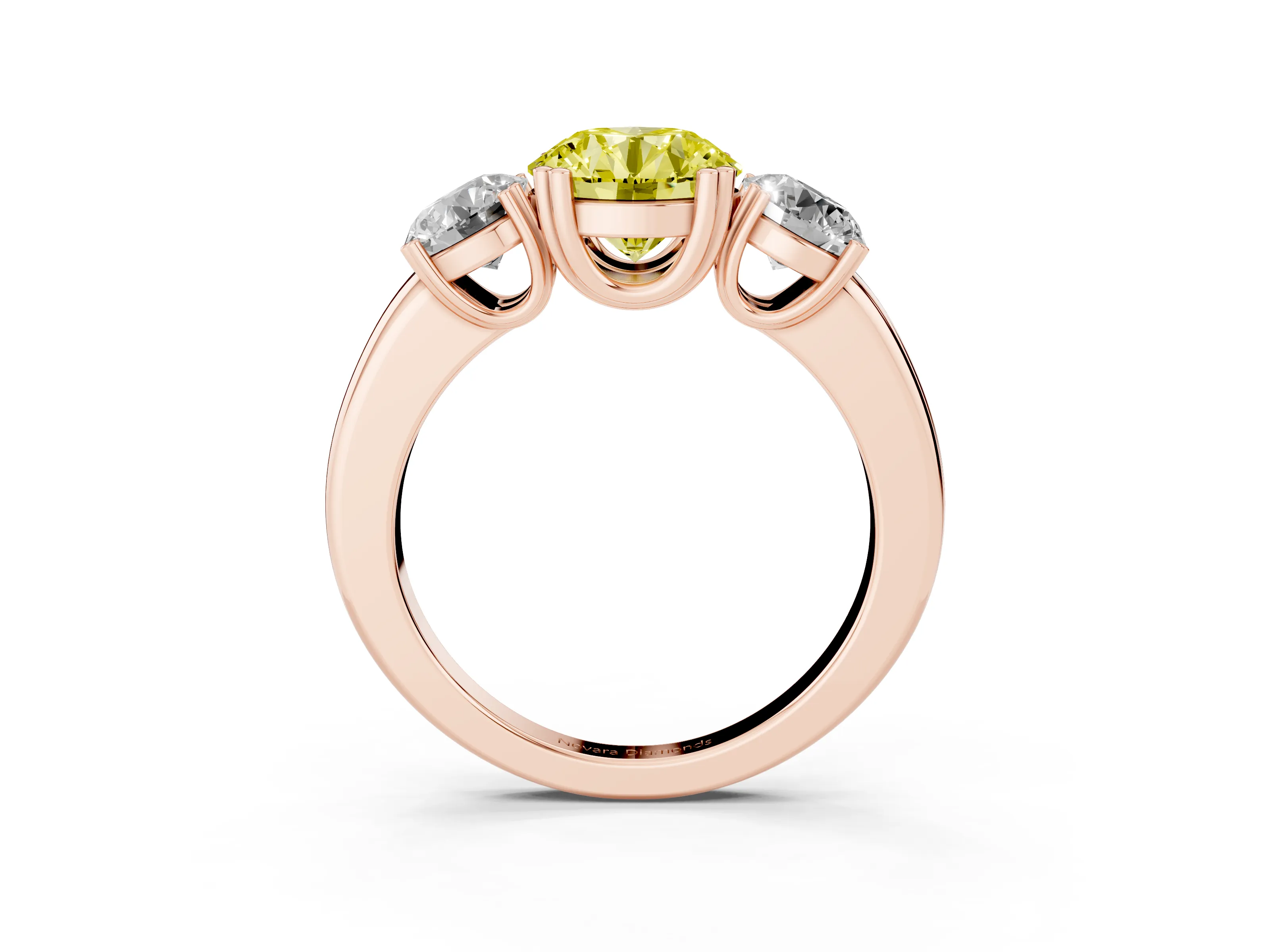 Fancy Yellow Round Cut Diamond Three-Stone Ring Set in Rose gold with Polished Channel-Set Band