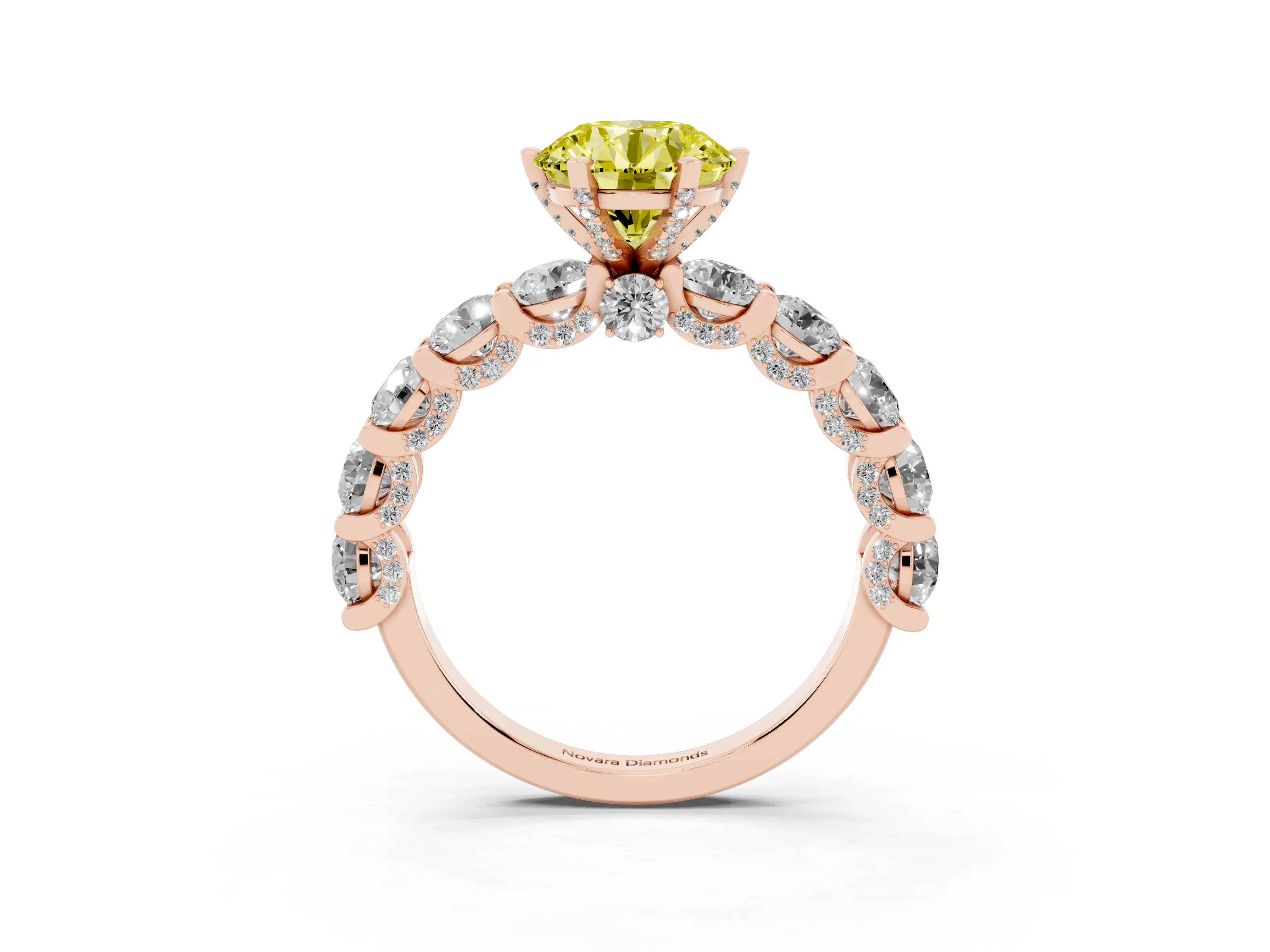 Fancy Yellow Round Cut Diamond Side Stone Ring Set in Rose gold with Alternating Round and Oval Side Stones