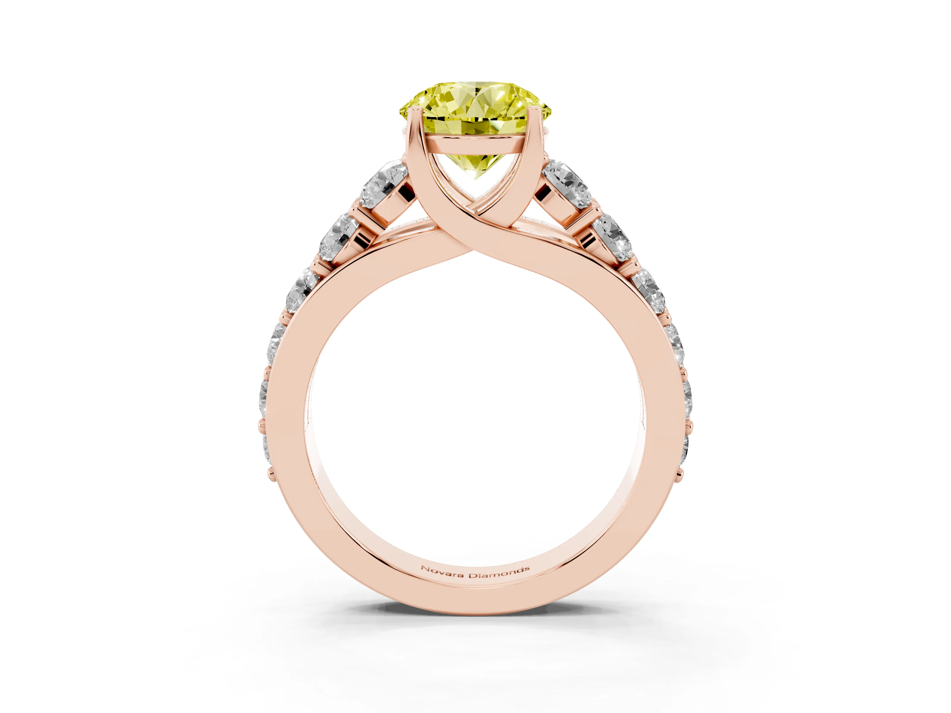 Fancy Yellow Round Cut Diamond Pavé Engagement Ring Set in Rose gold with Prong Setting