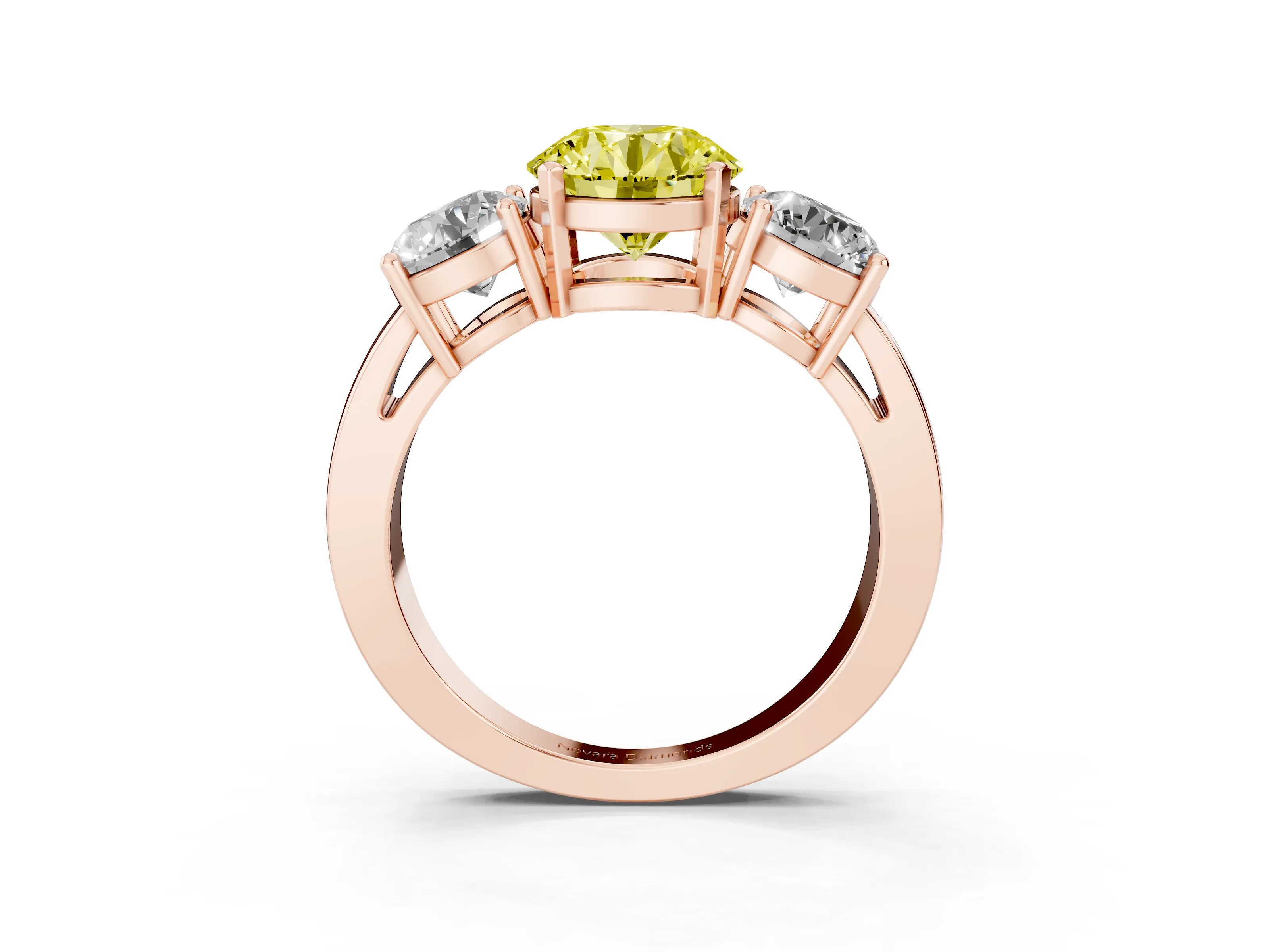 Fancy Yellow Round Cut Diamond Three-Stone Ring Set in Rose gold with Round Side Stones and Classic Band